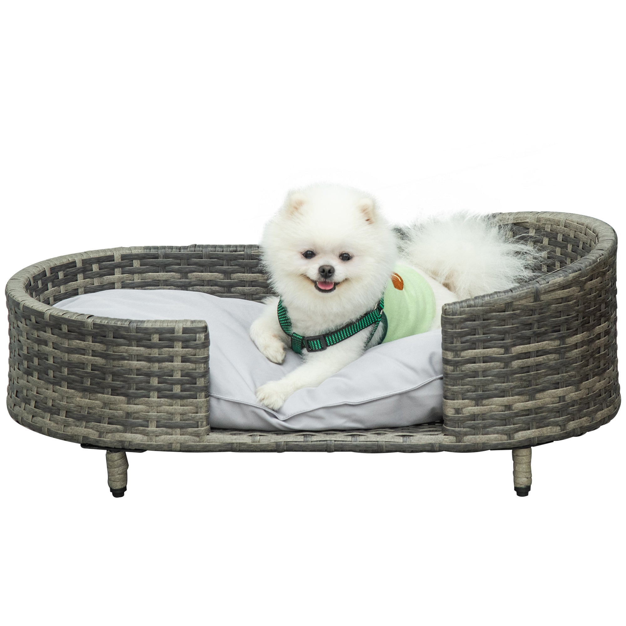 PawHut Wicker Dog Sofa with Soft Water-resistant Cushion, Rattan Cat Bed Raised Pet Bed Hand Woven with Washable Cover Indoor Outdoor Use, for Medium and Small Sized Dogs