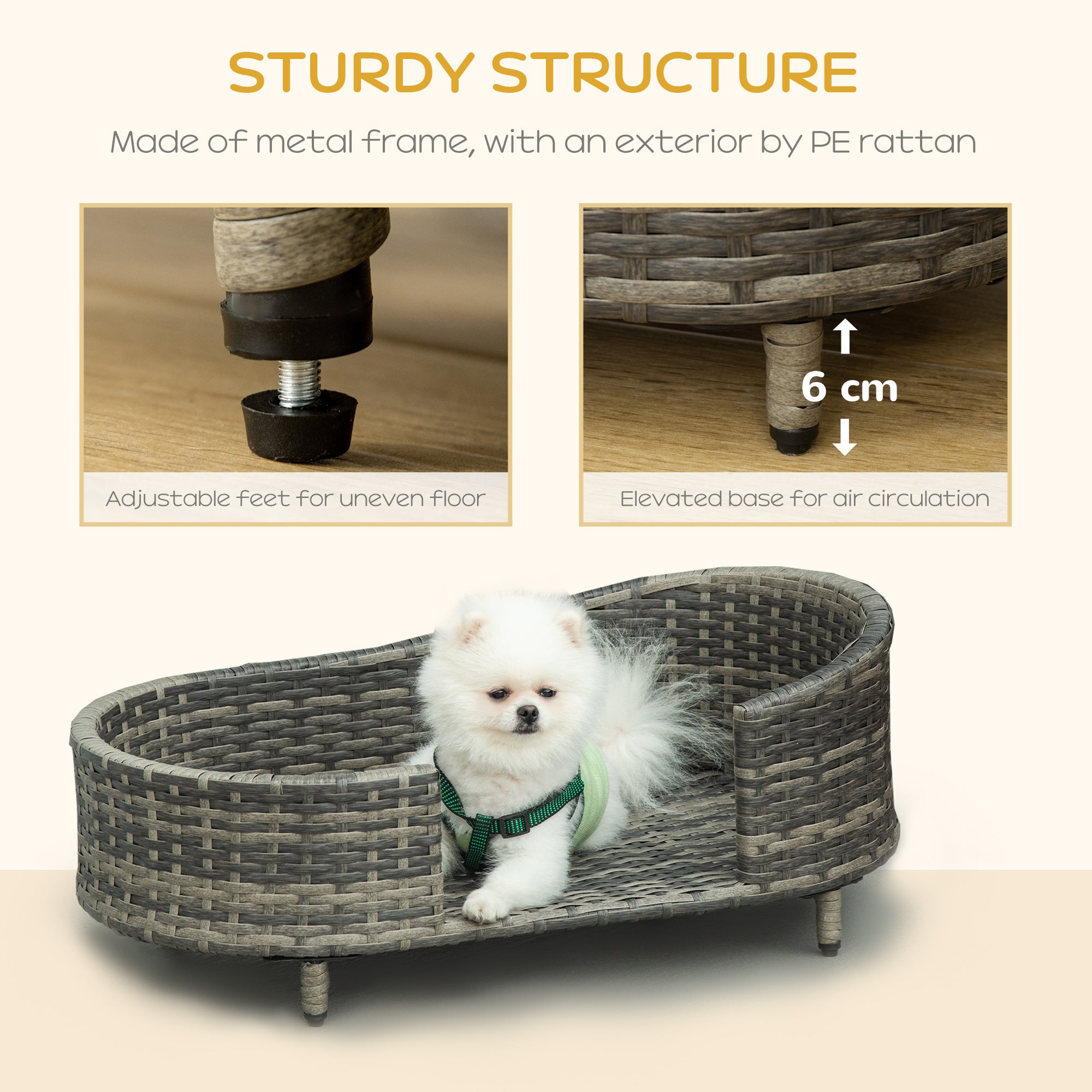 PawHut Wicker Dog Sofa with Soft Water-resistant Cushion, Rattan Cat Bed Raised Pet Bed Hand Woven with Washable Cover Indoor Outdoor Use, for Medium and Small Sized Dogs