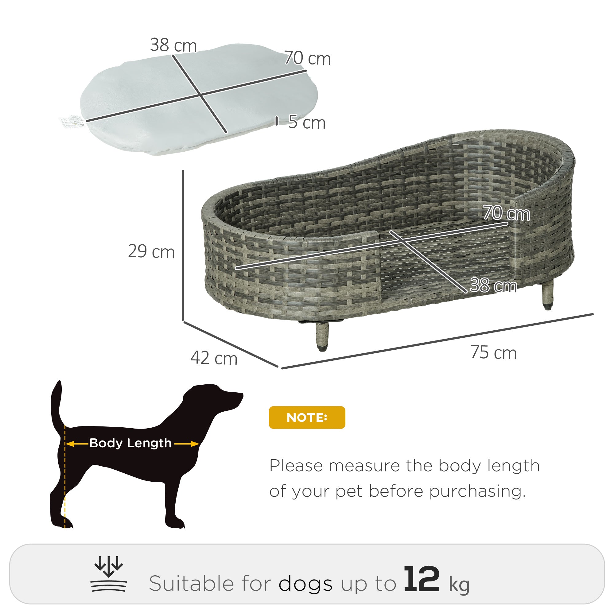 PawHut Wicker Dog Sofa with Soft Water-resistant Cushion, Rattan Cat Bed Raised Pet Bed Hand Woven with Washable Cover Indoor Outdoor Use, for Medium and Small Sized Dogs