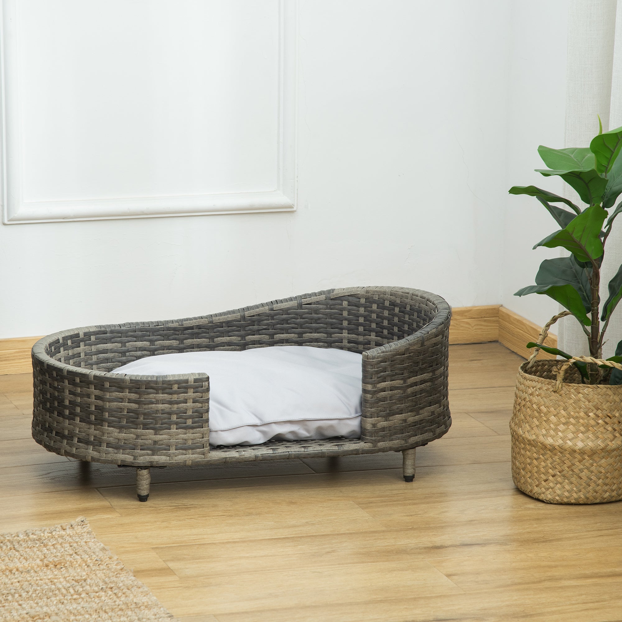 PawHut Wicker Dog Sofa with Soft Water-resistant Cushion, Rattan Cat Bed Raised Pet Bed Hand Woven with Washable Cover Indoor Outdoor Use, for Medium and Small Sized Dogs