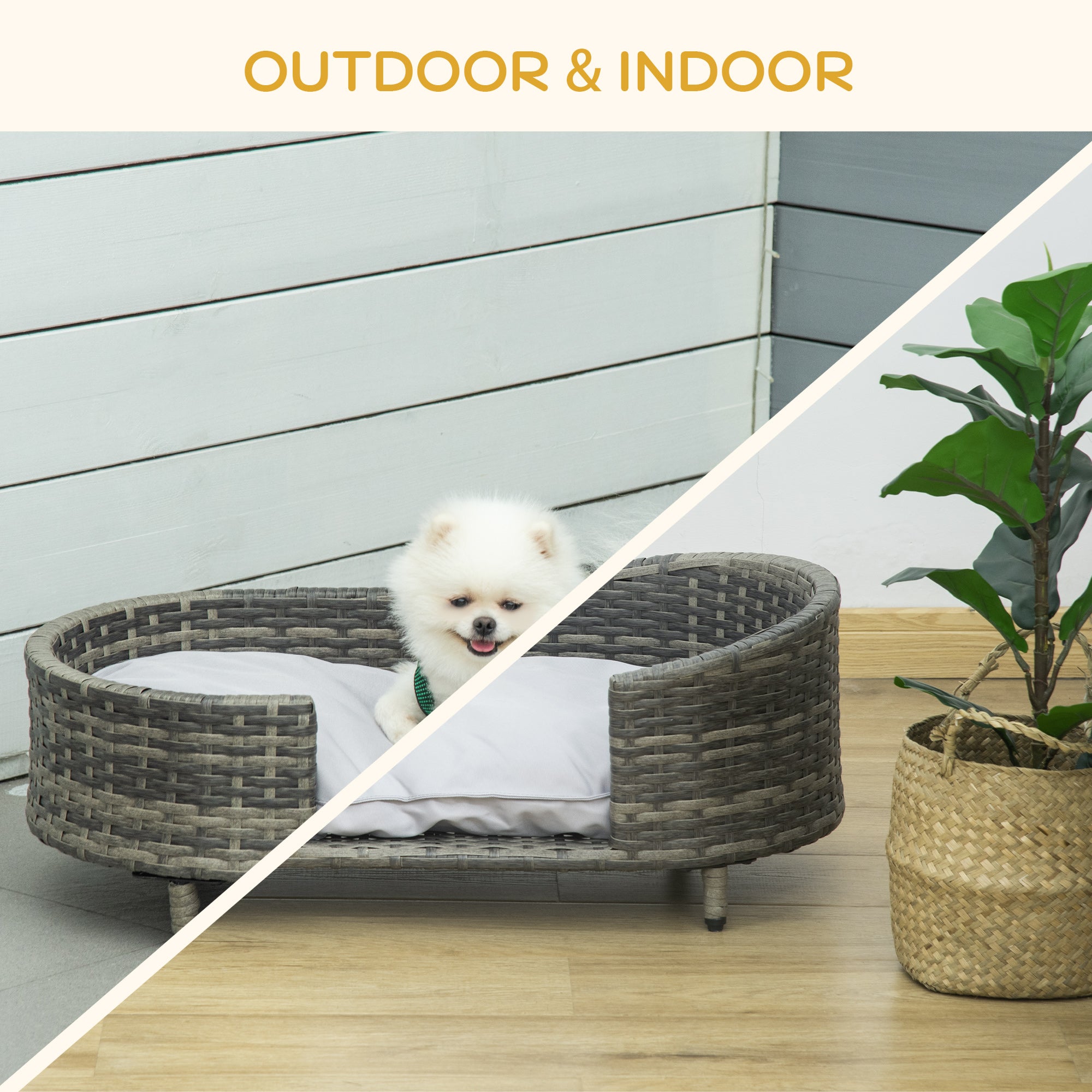 PawHut Wicker Dog Sofa with Soft Water-resistant Cushion, Rattan Cat Bed Raised Pet Bed Hand Woven with Washable Cover Indoor Outdoor Use, for Medium and Small Sized Dogs