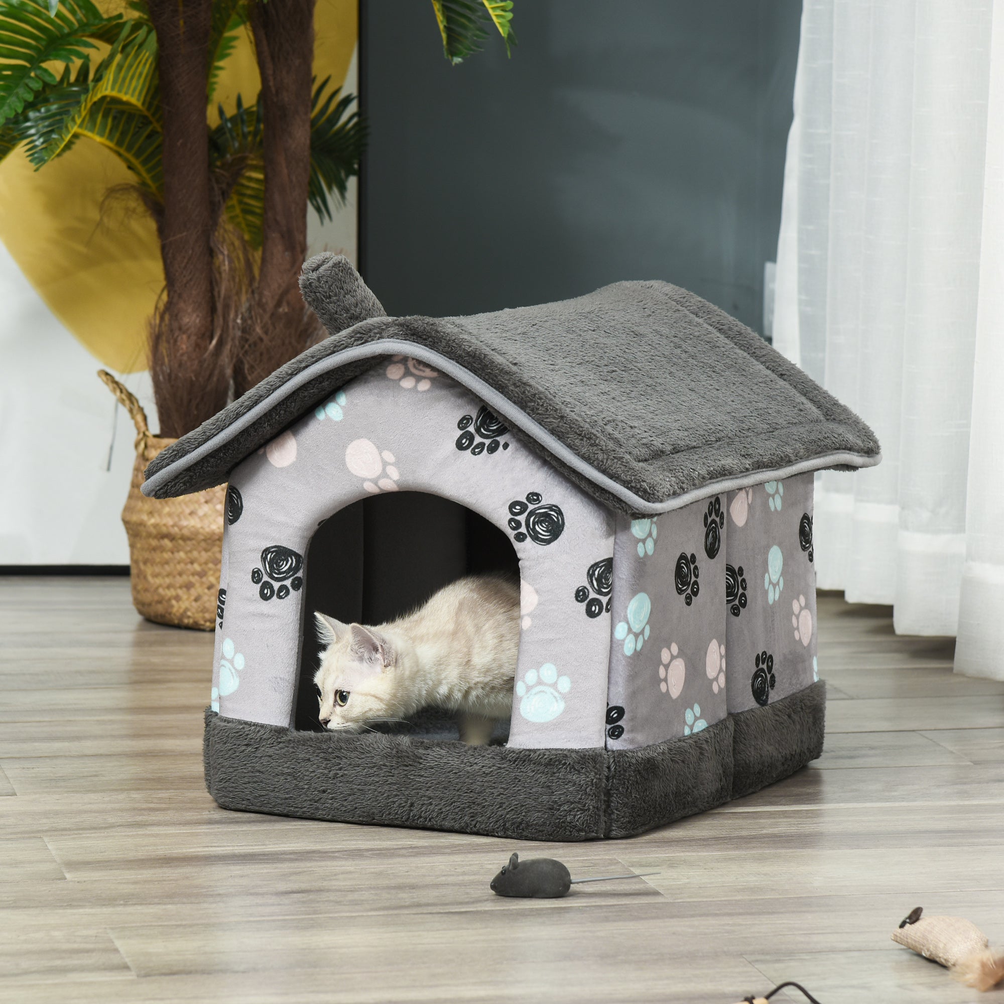 PawHut Heated Cat House Condo, Foldable Enclosed Pet House with Heating Pad for Cats or Small Dogs, Use for Indoor & Outdoor Paw Print Pattern