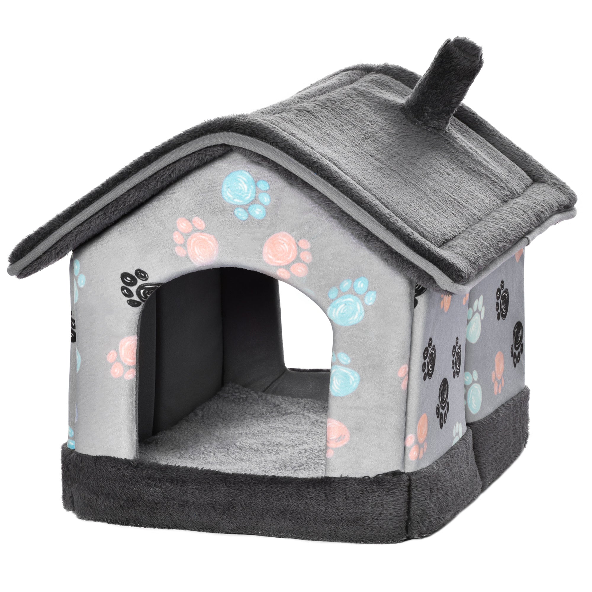 PawHut Heated Cat House Condo, Foldable Enclosed Pet House with Heating Pad for Cats or Small Dogs, Use for Indoor & Outdoor Paw Print Pattern