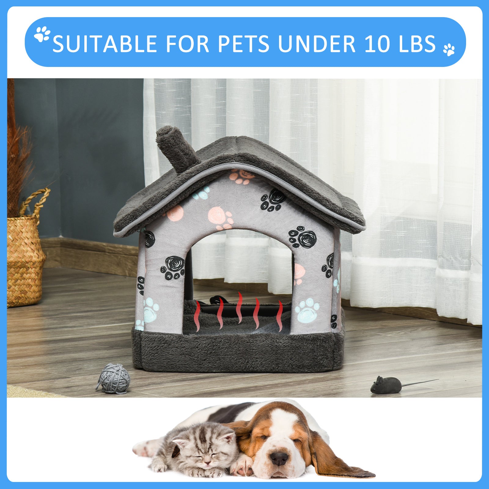 PawHut Heated Cat House Condo, Foldable Enclosed Pet House with Heating Pad for Cats or Small Dogs, Use for Indoor & Outdoor Paw Print Pattern