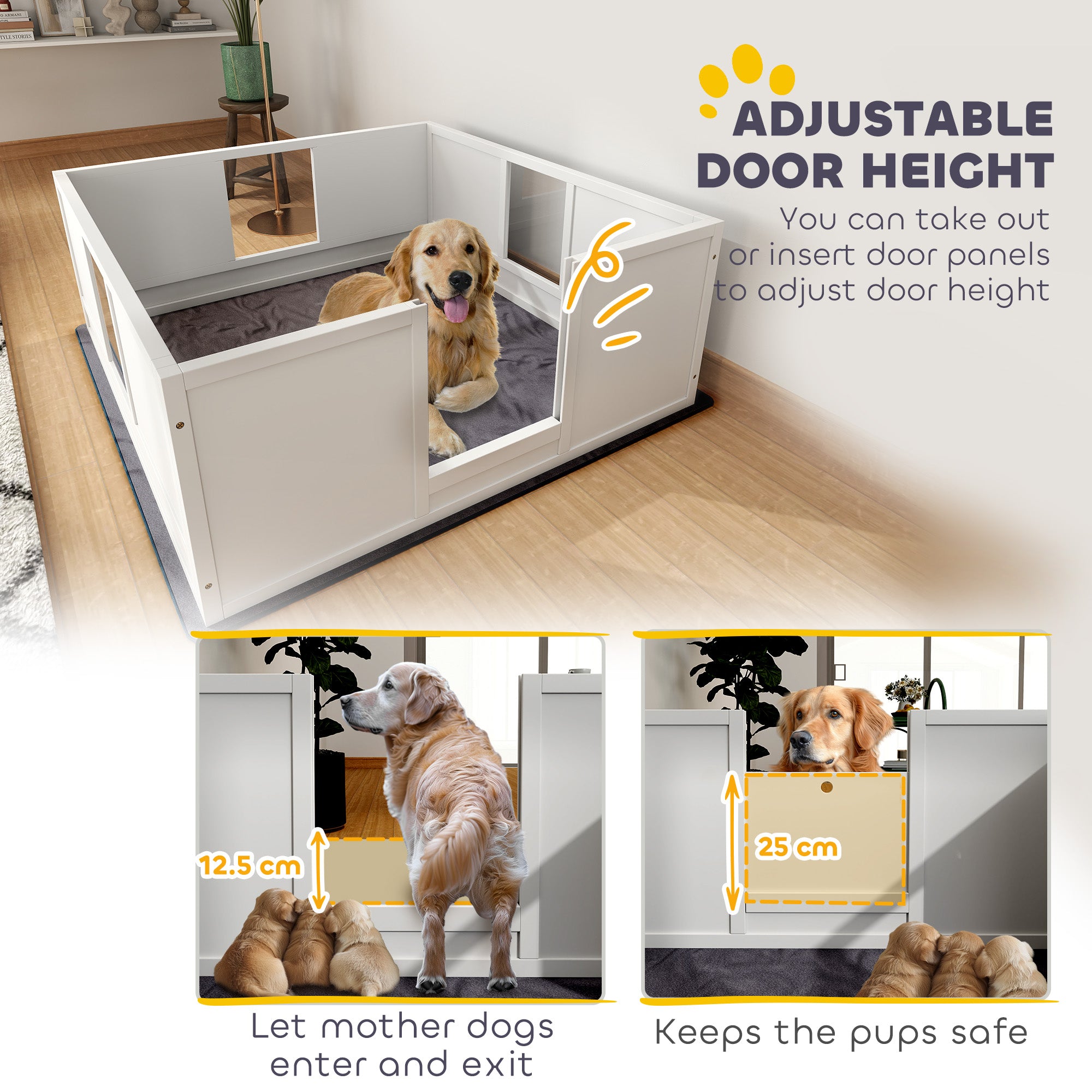 PawHut Whelping Box for Dogs, Dog Whelping Box Dog Playpen Fence Exercise Play Pen with Waterproof Washable Whelping Pad, Adjustable Entrance, Non-Slip Pads, for Large Dogs and Puppies, 124 x 120cm