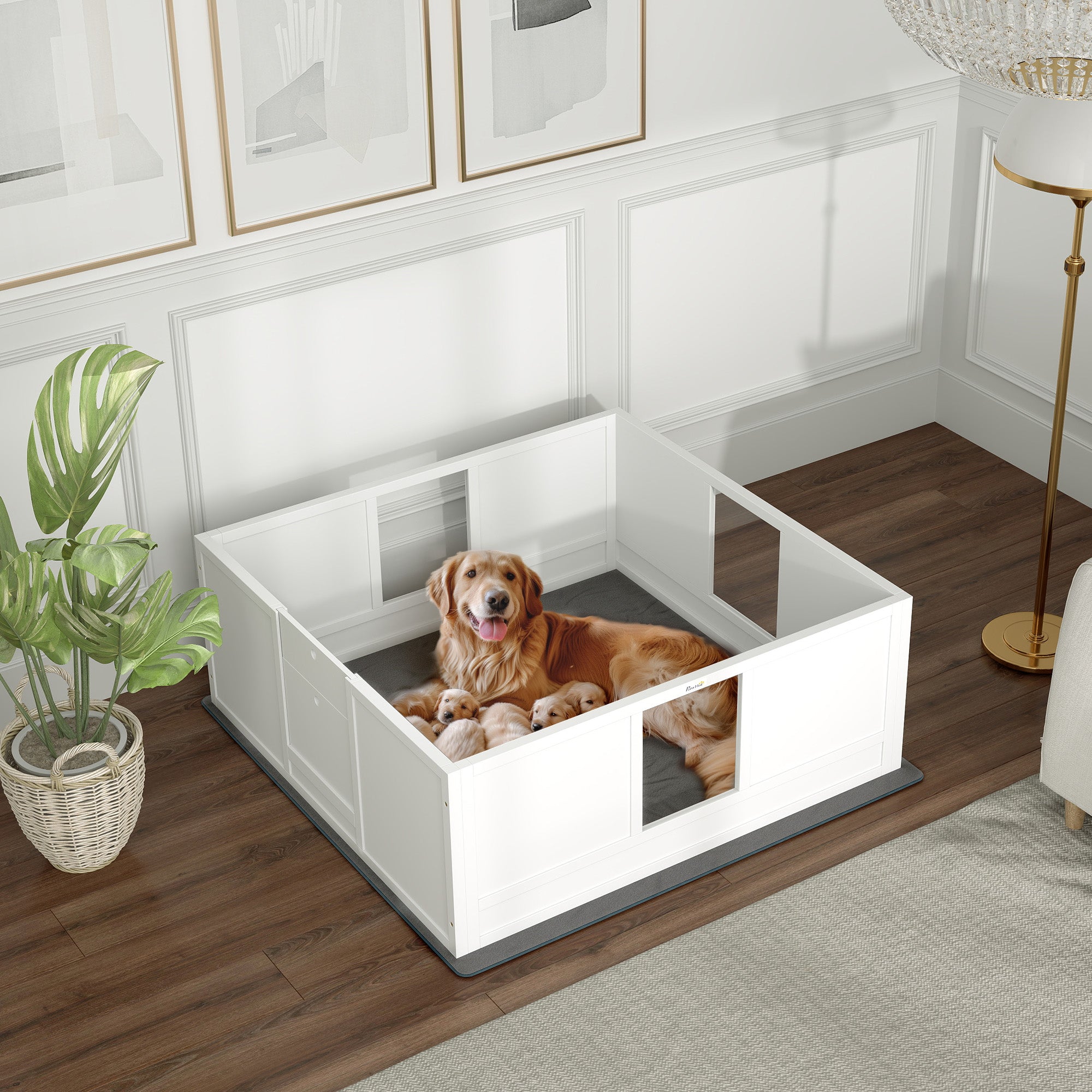 PawHut Whelping Box for Dogs, Dog Whelping Box Dog Playpen Fence Exercise Play Pen with Waterproof Washable Whelping Pad, Adjustable Entrance, Non-Slip Pads, for Large Dogs and Puppies, 124 x 120cm