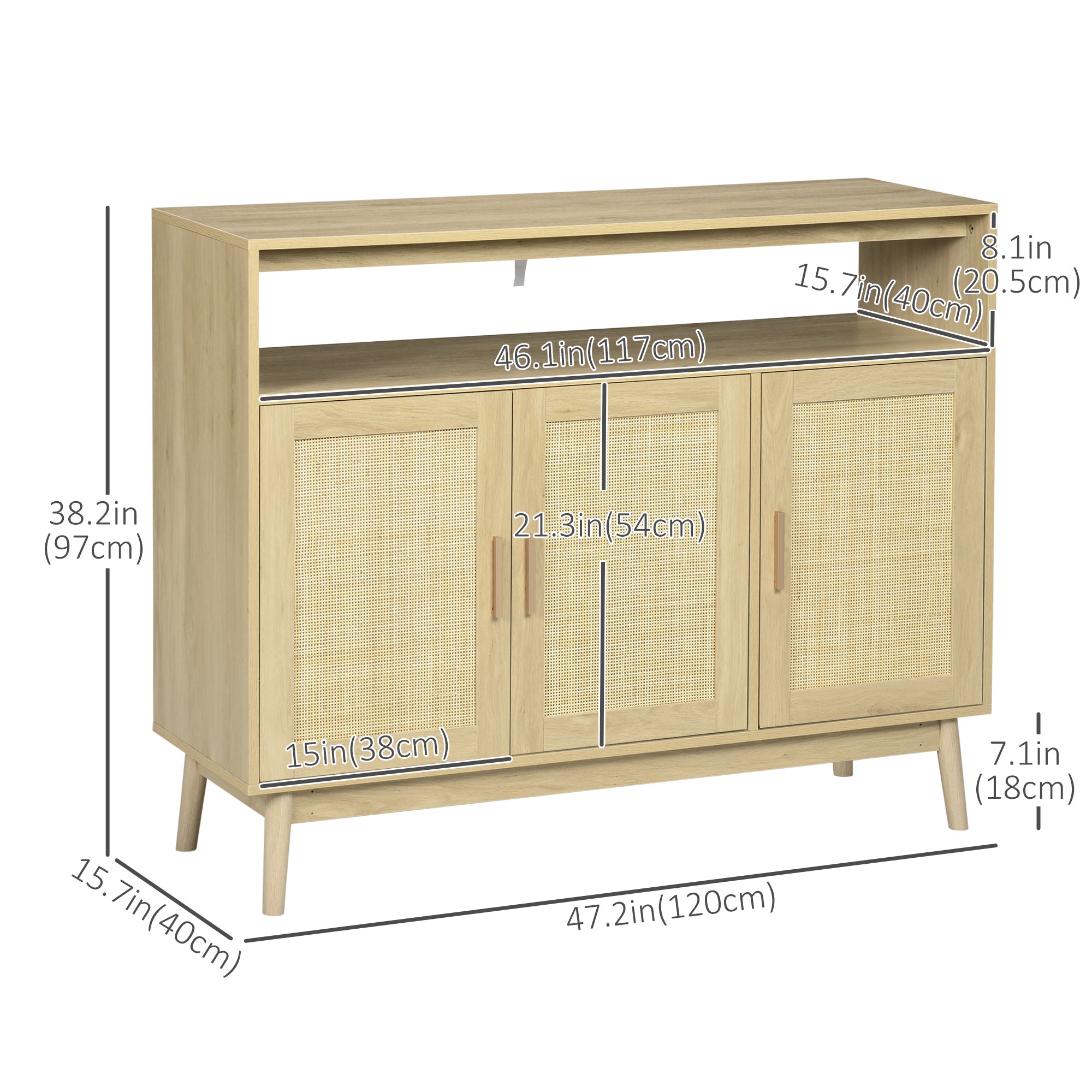 HOMCOM Buffet Cabinet, Accent Storage Cabinet, Boho Style Sideboard with 3 Rattan Doors, Adjustable Interior Shelves, Wood Legs, Nature Wood