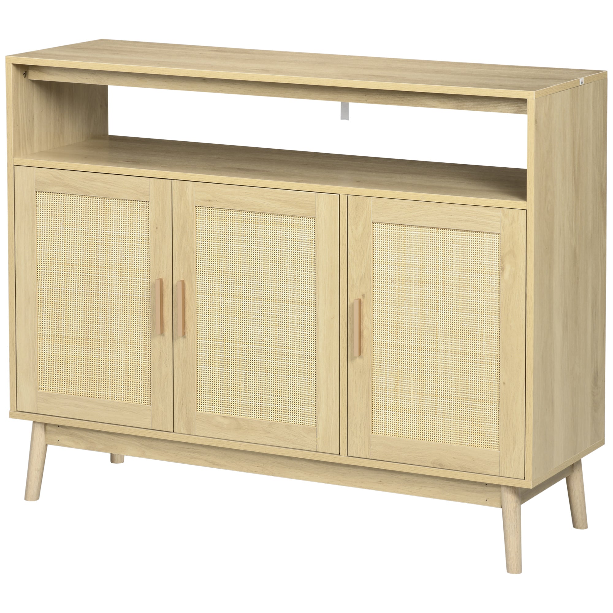 HOMCOM Buffet Cabinet, Accent Storage Cabinet, Boho Style Sideboard with 3 Rattan Doors, Adjustable Interior Shelves, Wood Legs, Nature Wood