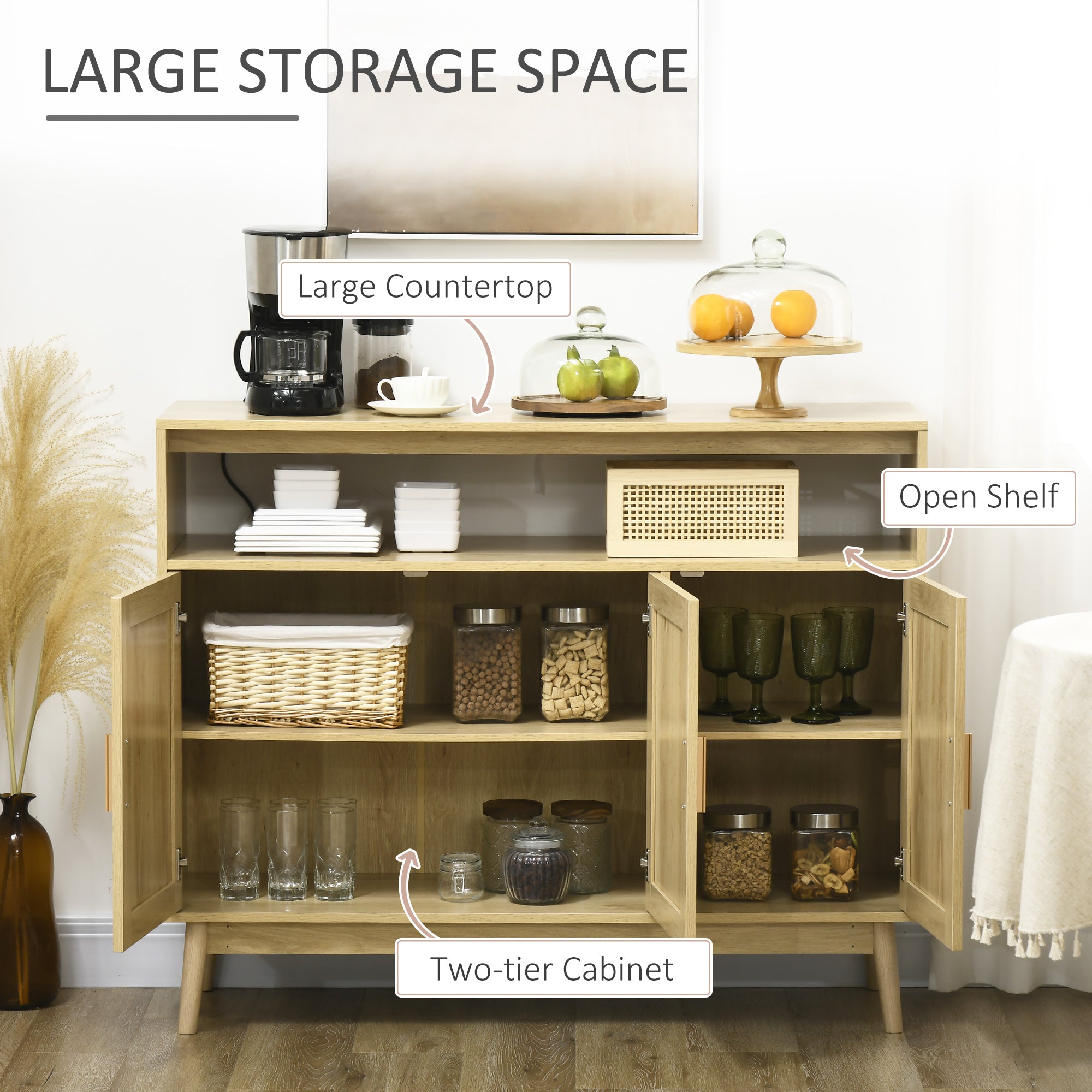 HOMCOM Buffet Cabinet, Accent Storage Cabinet, Boho Style Sideboard with 3 Rattan Doors, Adjustable Interior Shelves, Wood Legs, Nature Wood