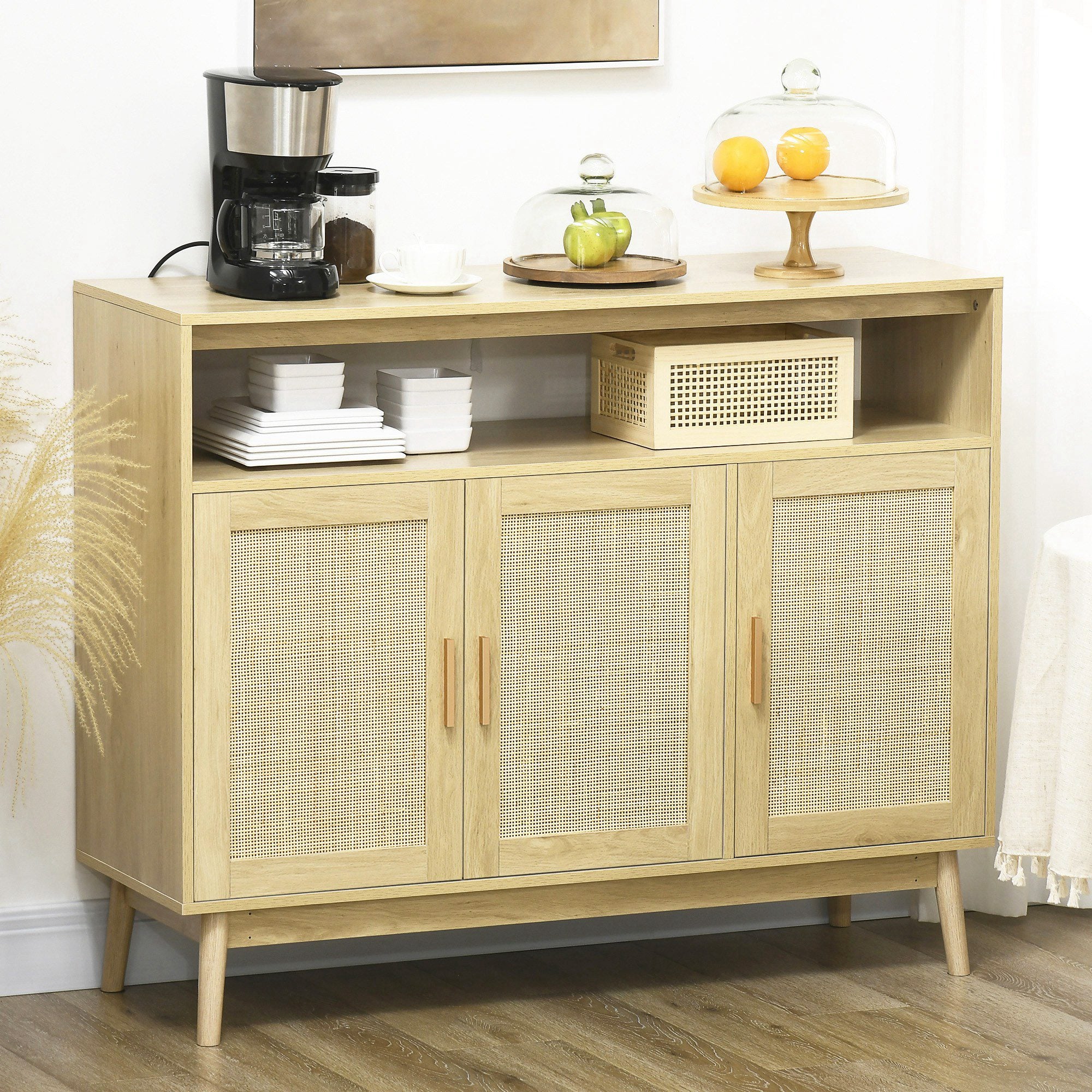 HOMCOM Buffet Cabinet, Accent Storage Cabinet, Boho Style Sideboard with 3 Rattan Doors, Adjustable Interior Shelves, Wood Legs, Nature Wood