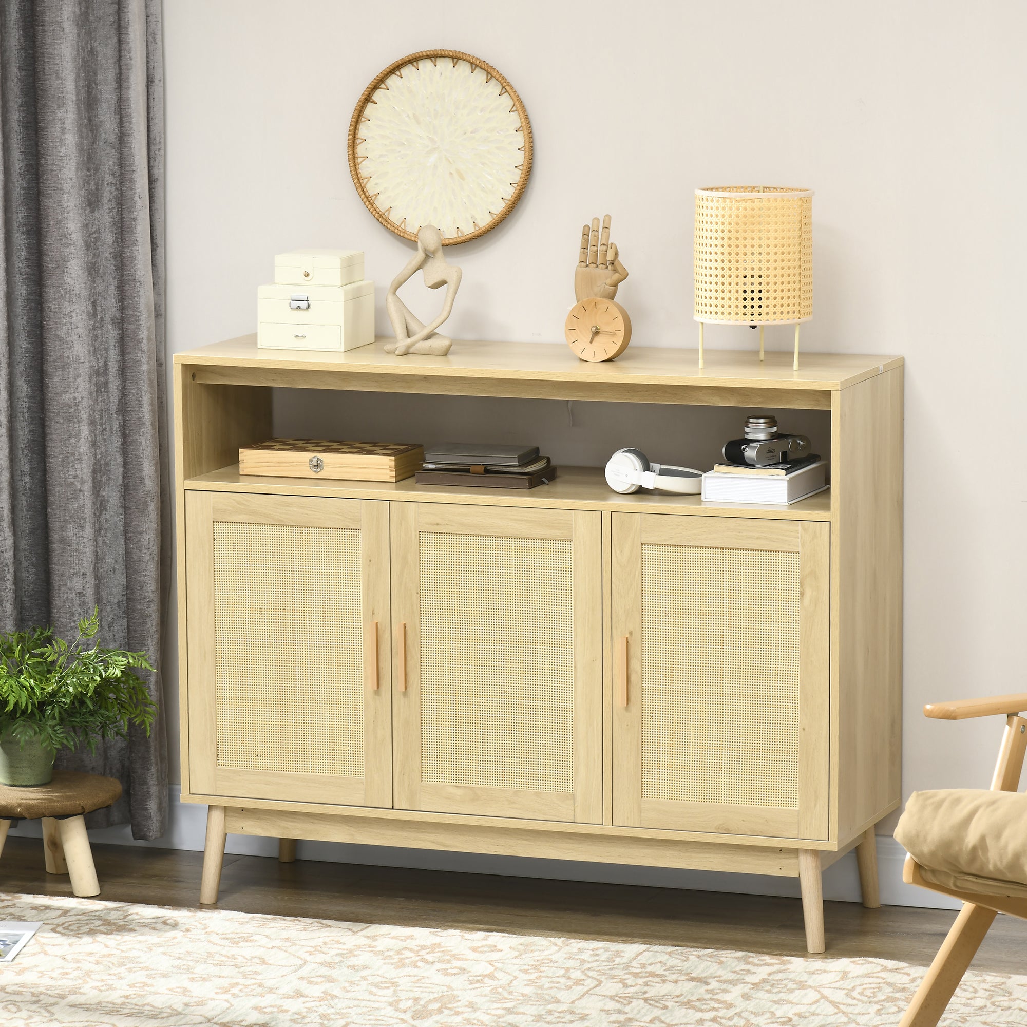 HOMCOM Buffet Cabinet, Accent Storage Cabinet, Boho Style Sideboard with 3 Rattan Doors, Adjustable Interior Shelves, Wood Legs, Nature Wood