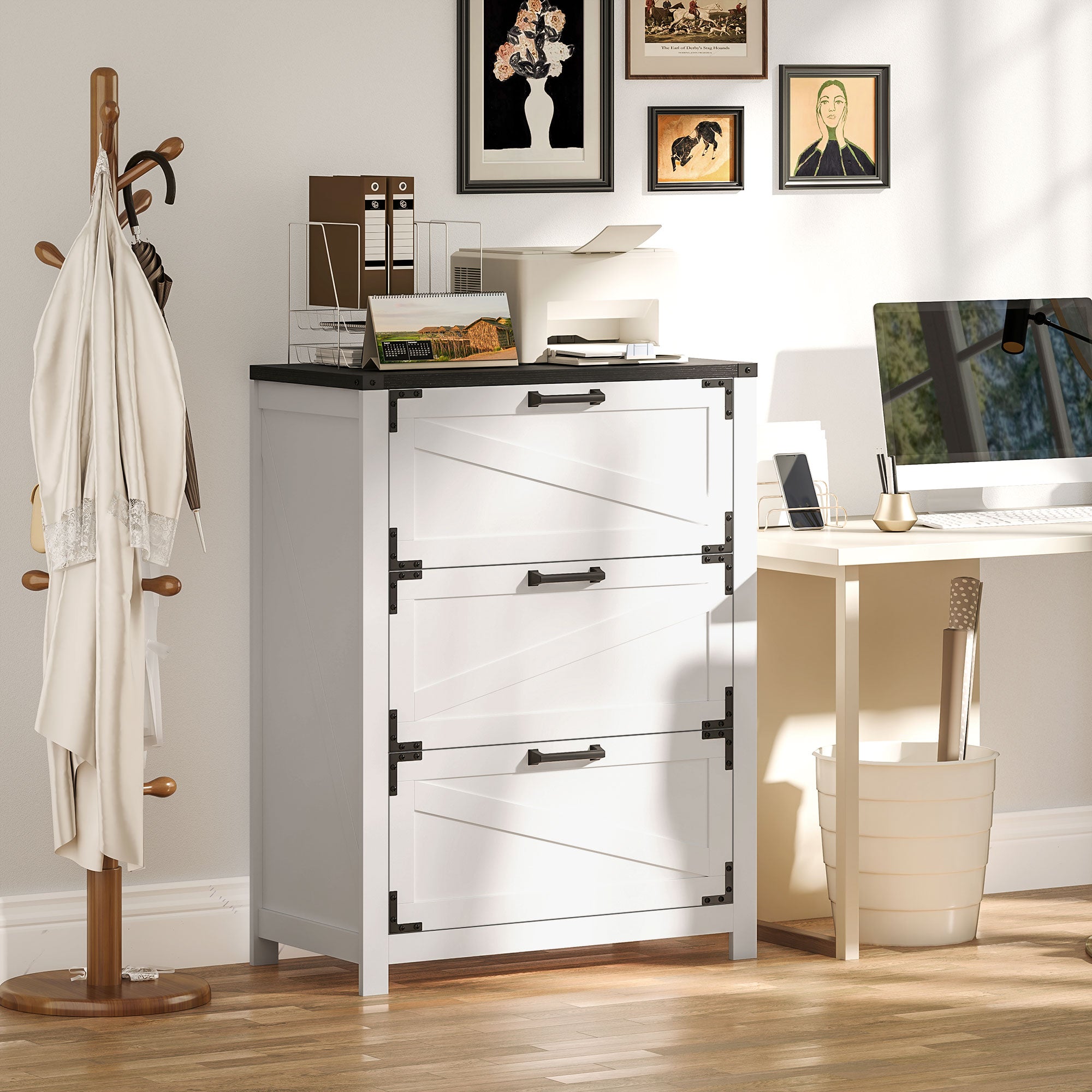 HOMCOM 3 Drawer File Cabinet, Farmhouse Lateral Filing Cabinet with Adjustable Hanging Bars for Letter, A4 and Legal Size, Printer Stand for Home Office, White