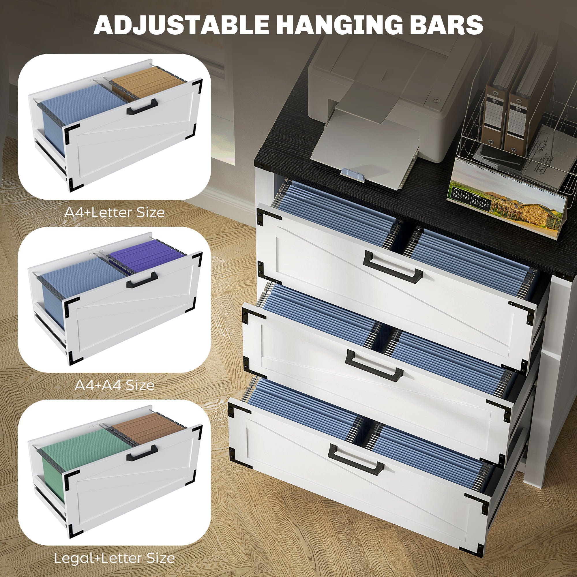 HOMCOM 3 Drawer File Cabinet, Farmhouse Lateral Filing Cabinet with Adjustable Hanging Bars for Letter, A4 and Legal Size, Printer Stand for Home Office, White