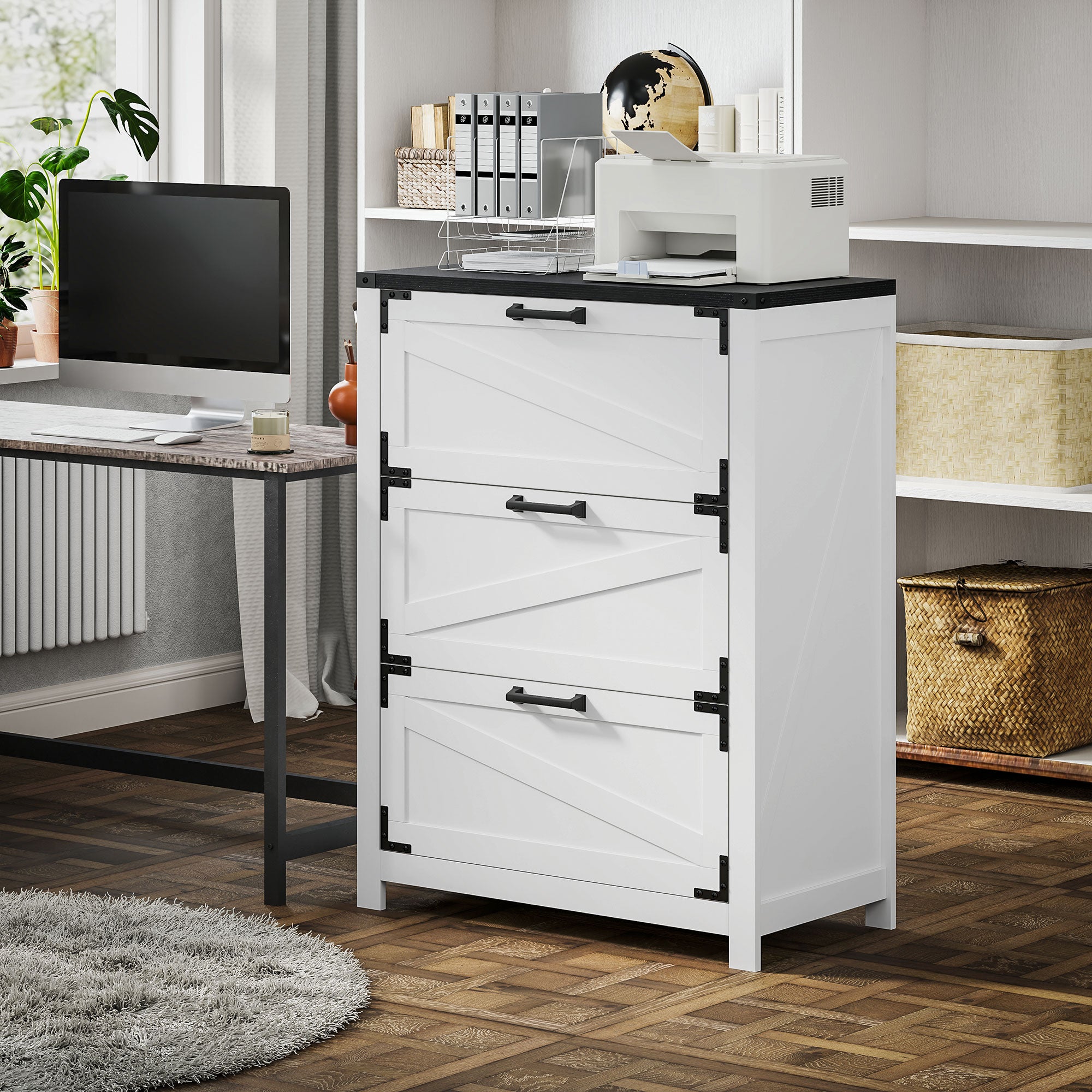 HOMCOM 3 Drawer File Cabinet, Farmhouse Lateral Filing Cabinet with Adjustable Hanging Bars for Letter, A4 and Legal Size, Printer Stand for Home Office, White