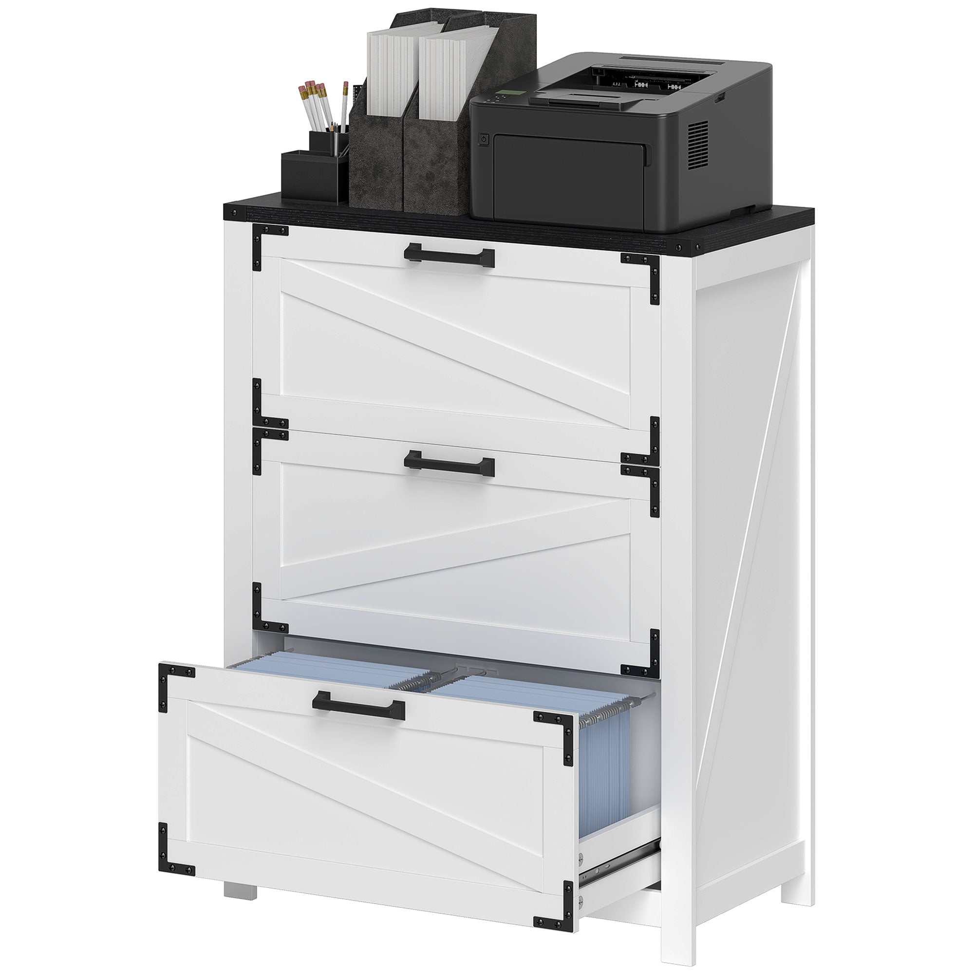 HOMCOM 3 Drawer File Cabinet, Farmhouse Lateral Filing Cabinet with Adjustable Hanging Bars for Letter, A4 and Legal Size, Printer Stand for Home Office, White