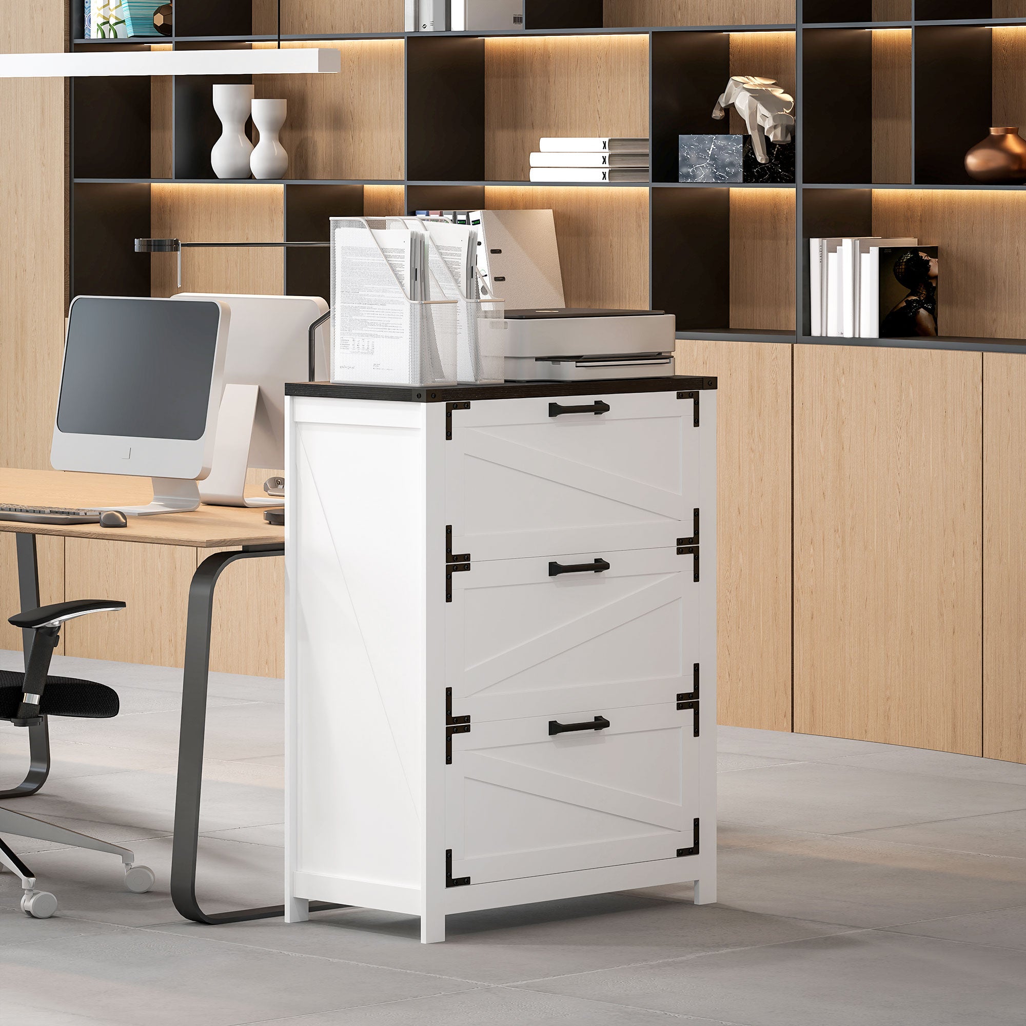 HOMCOM 3 Drawer File Cabinet, Farmhouse Lateral Filing Cabinet with Adjustable Hanging Bars for Letter, A4 and Legal Size, Printer Stand for Home Office, White