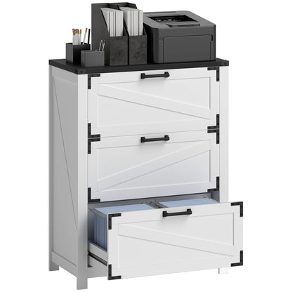 HOMCOM 3 Drawer File Cabinet, Farmhouse Lateral Filing Cabinet with Adjustable Hanging Bars for Letter, A4 and Legal Size, Printer Stand for Home Office, White