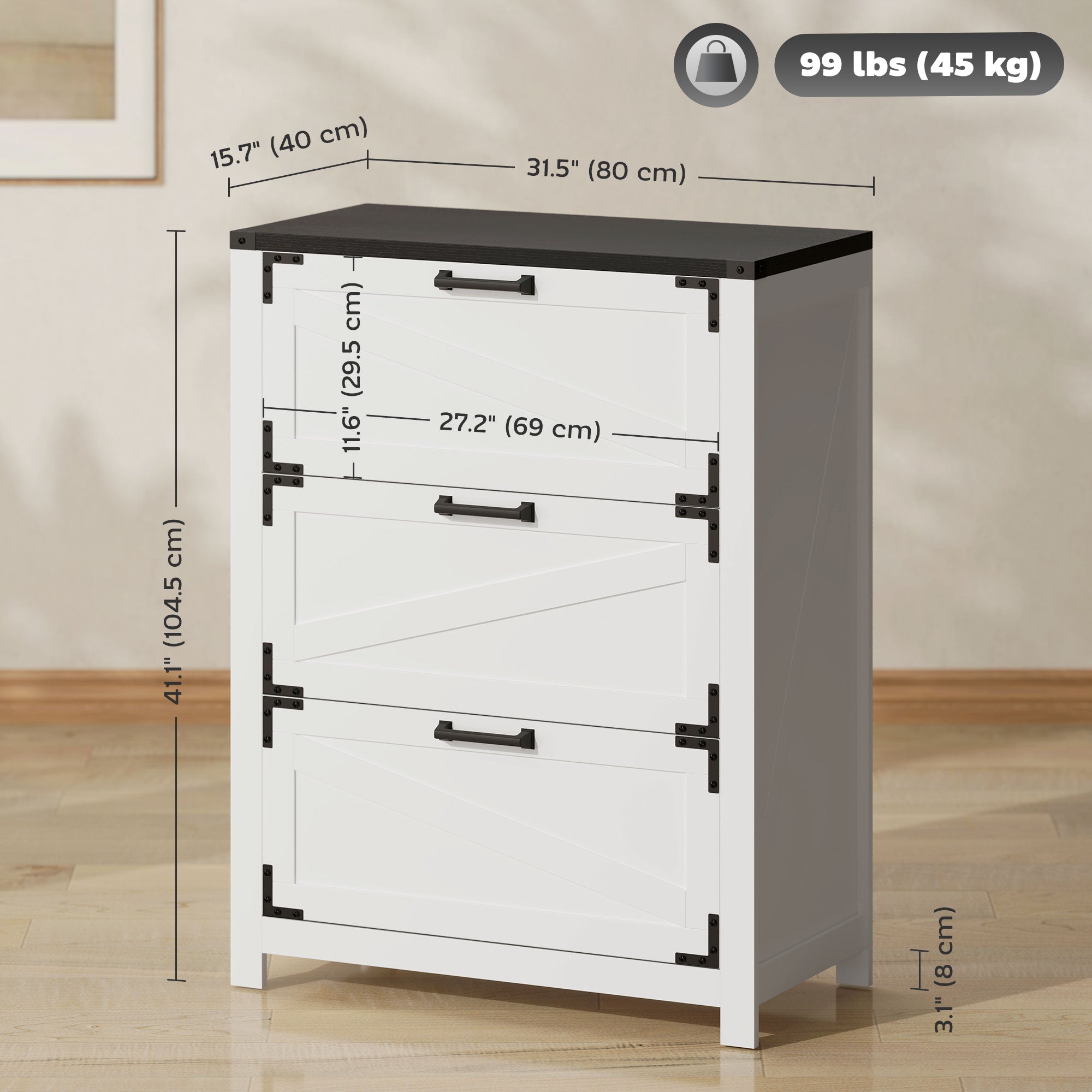 HOMCOM 3 Drawer File Cabinet, Farmhouse Lateral Filing Cabinet with Adjustable Hanging Bars for Letter, A4 and Legal Size, Printer Stand for Home Office, White