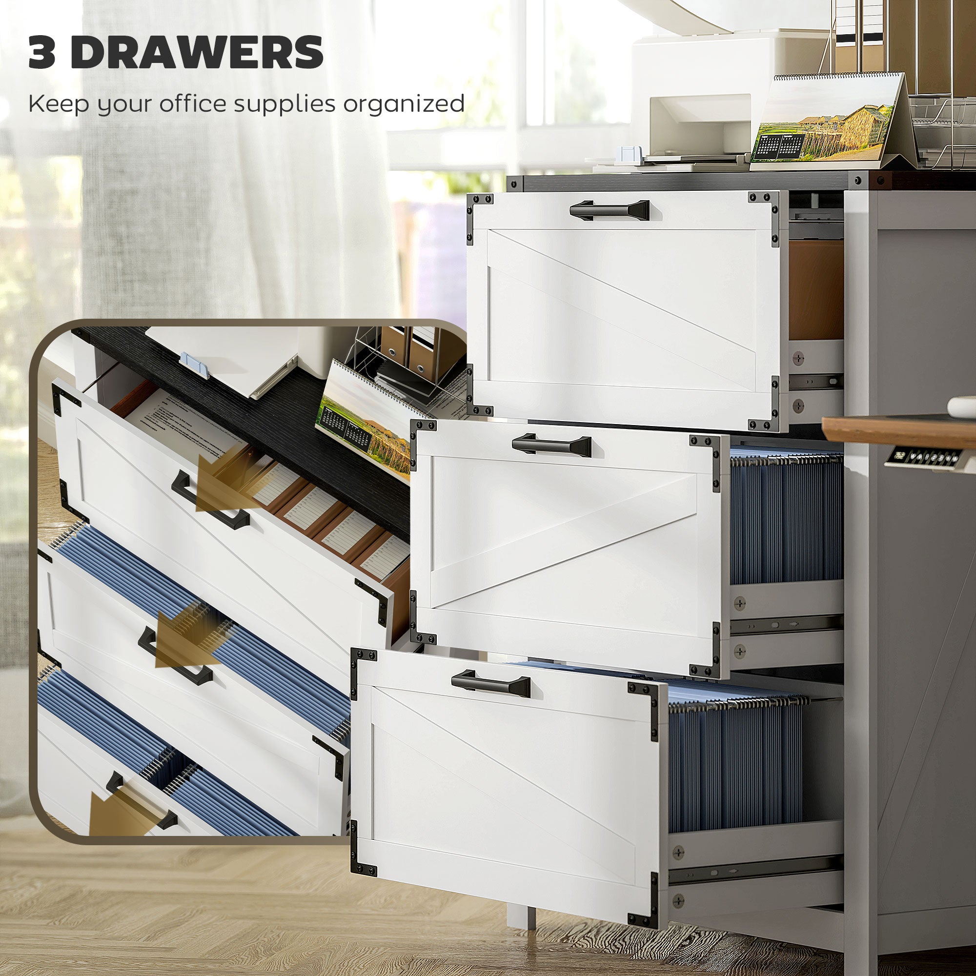 HOMCOM 3 Drawer File Cabinet, Farmhouse Lateral Filing Cabinet with Adjustable Hanging Bars for Letter, A4 and Legal Size, Printer Stand for Home Office, White