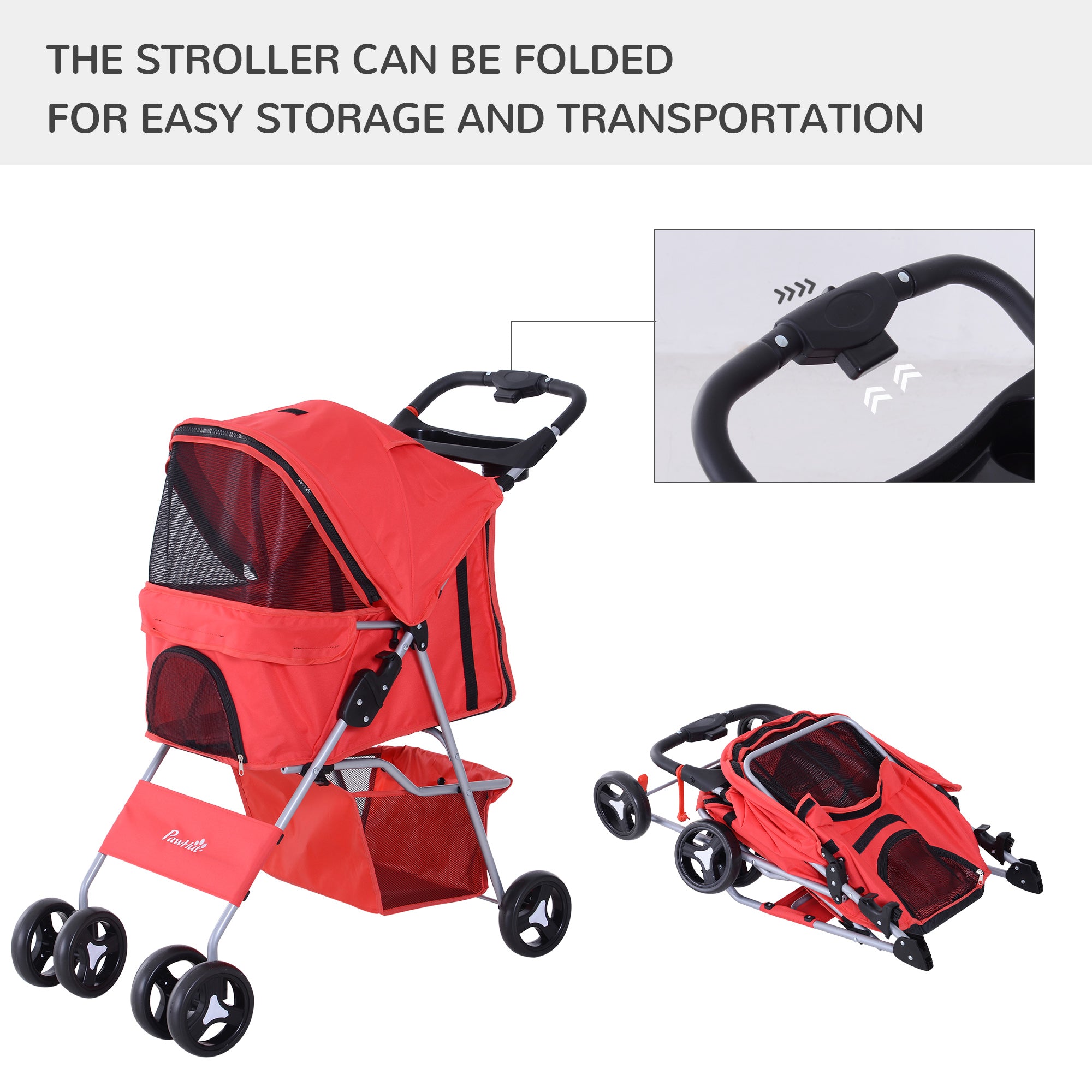 PawHut Dog Stroller, Foldable Pet Stroller for XS and Small Dogs and Cats, 4 Wheels Travel Carrier with Cup Holder, Storage Basket, 360° Wwiveling Front Wheels, Red