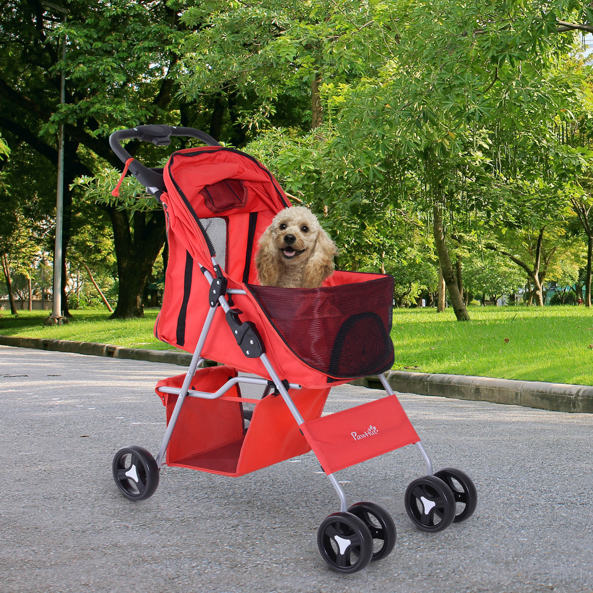 PawHut Dog Stroller, Foldable Pet Stroller for XS and Small Dogs and Cats, 4 Wheels Travel Carrier with Cup Holder, Storage Basket, 360° Wwiveling Front Wheels, Red
