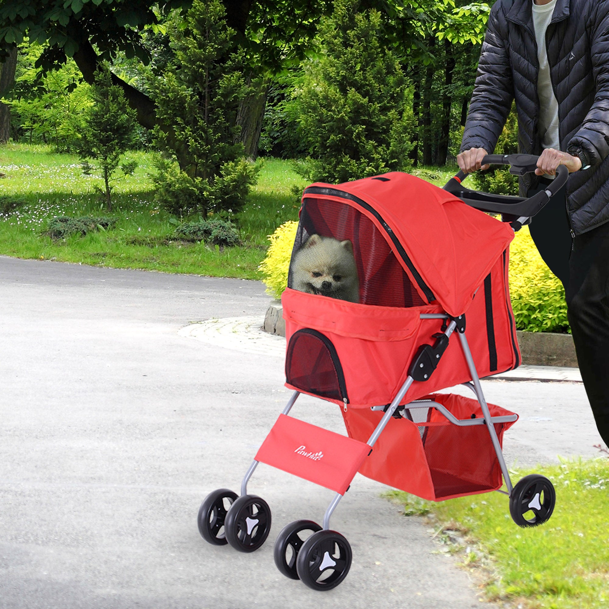PawHut Dog Stroller, Foldable Pet Stroller for XS and Small Dogs and Cats, 4 Wheels Travel Carrier with Cup Holder, Storage Basket, 360° Wwiveling Front Wheels, Red