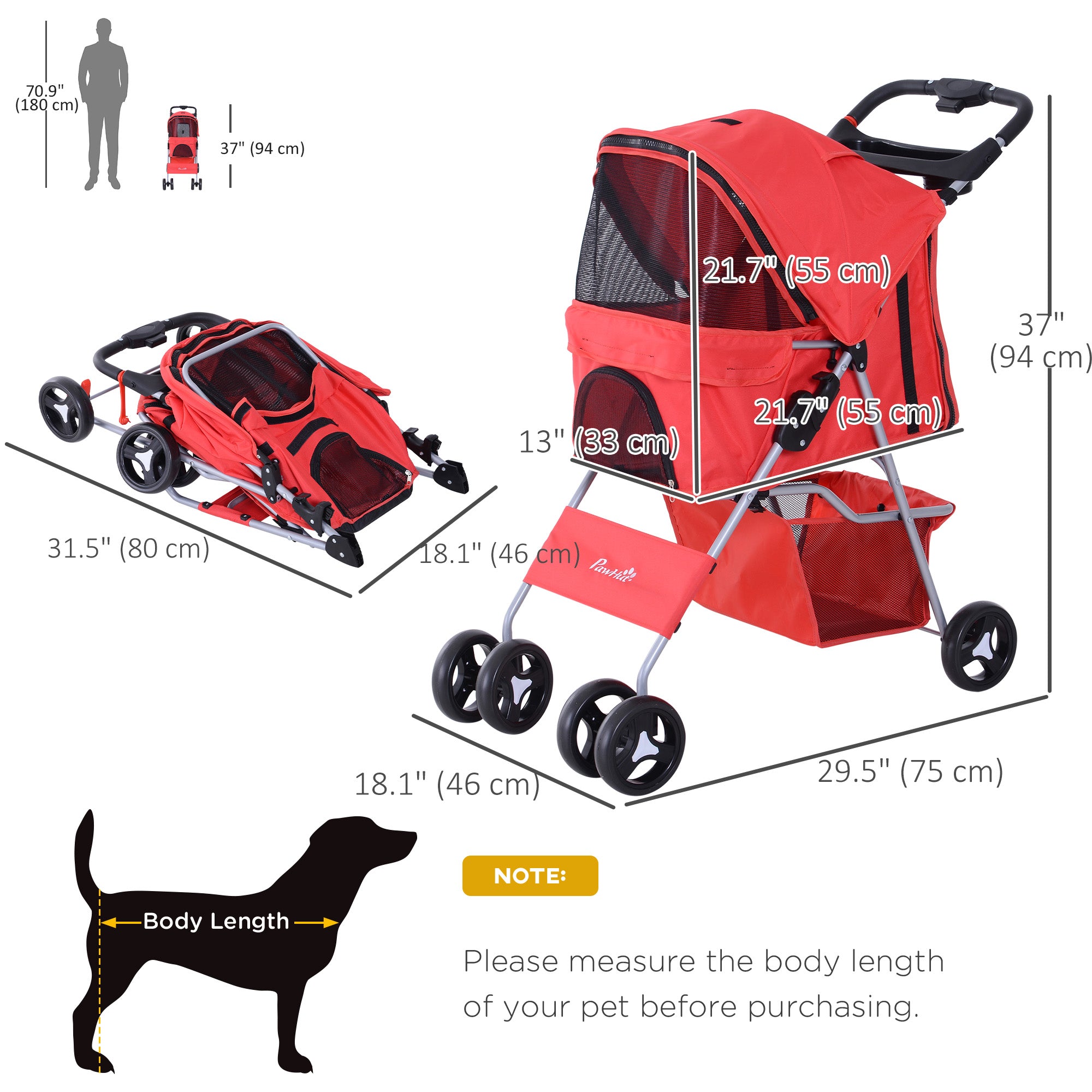 PawHut Dog Stroller, Foldable Pet Stroller for XS and Small Dogs and Cats, 4 Wheels Travel Carrier with Cup Holder, Storage Basket, 360° Wwiveling Front Wheels, Red