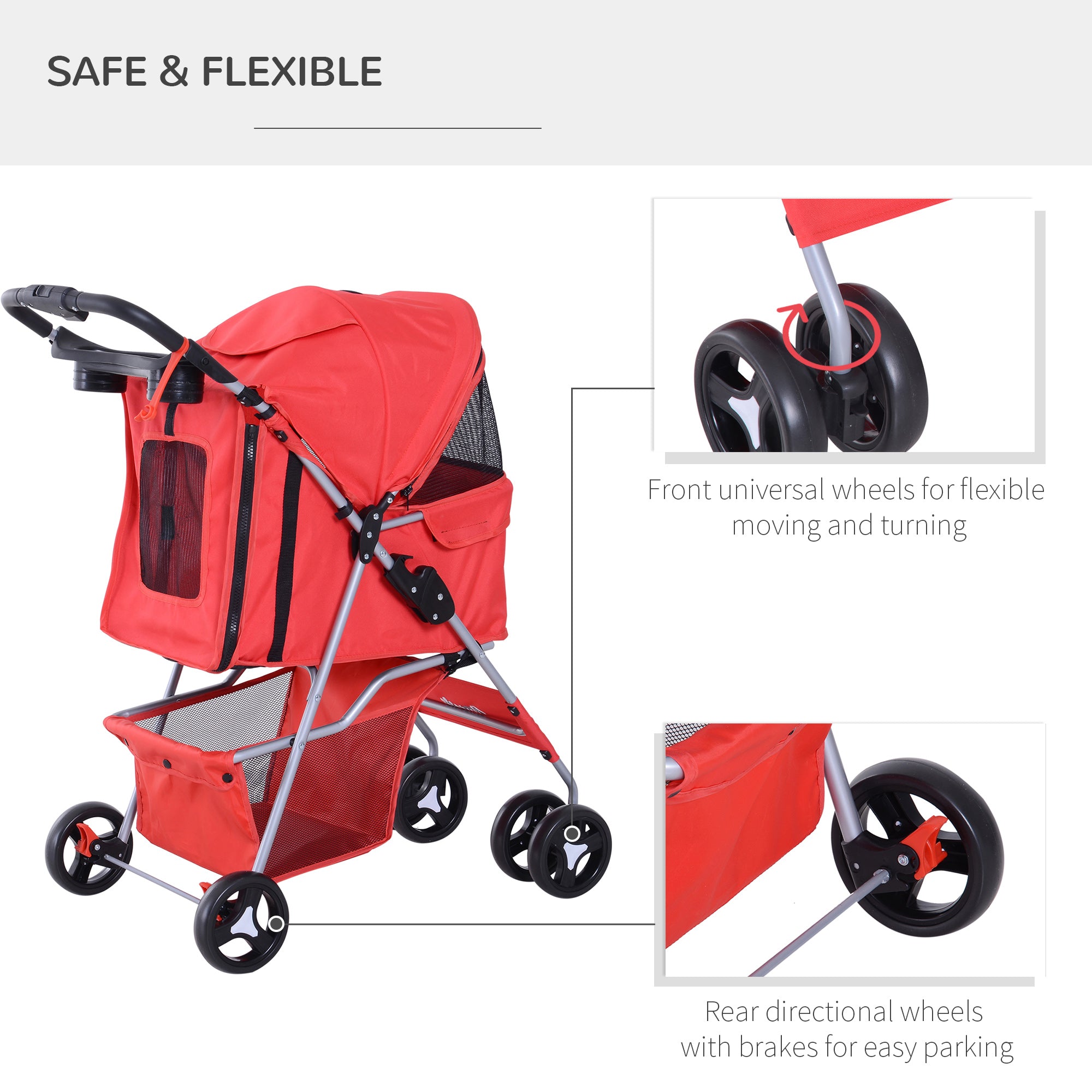 PawHut Dog Stroller, Foldable Pet Stroller for XS and Small Dogs and Cats, 4 Wheels Travel Carrier with Cup Holder, Storage Basket, 360° Wwiveling Front Wheels, Red