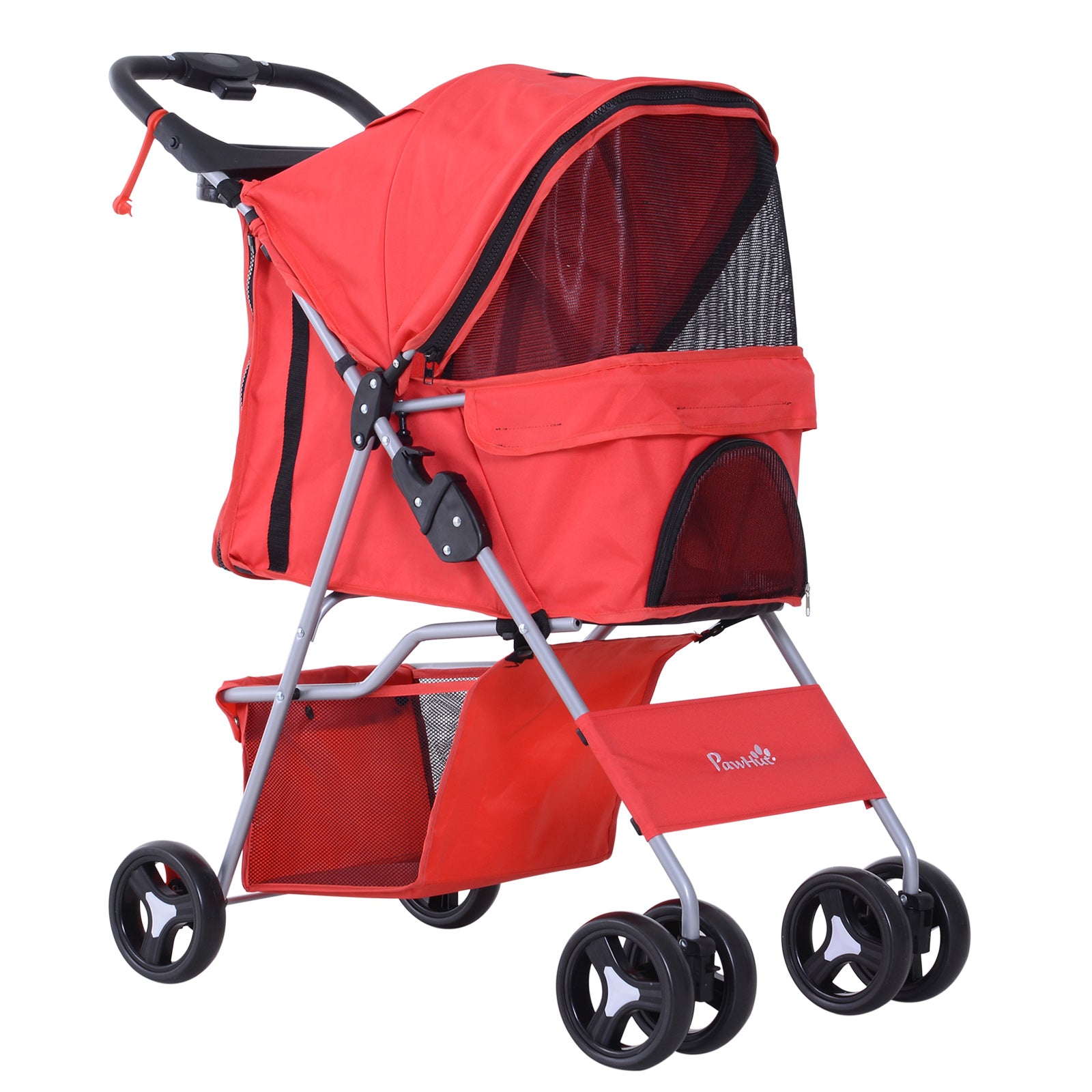 PawHut Dog Stroller, Foldable Pet Stroller for XS and Small Dogs and Cats, 4 Wheels Travel Carrier with Cup Holder, Storage Basket, 360° Wwiveling Front Wheels, Red