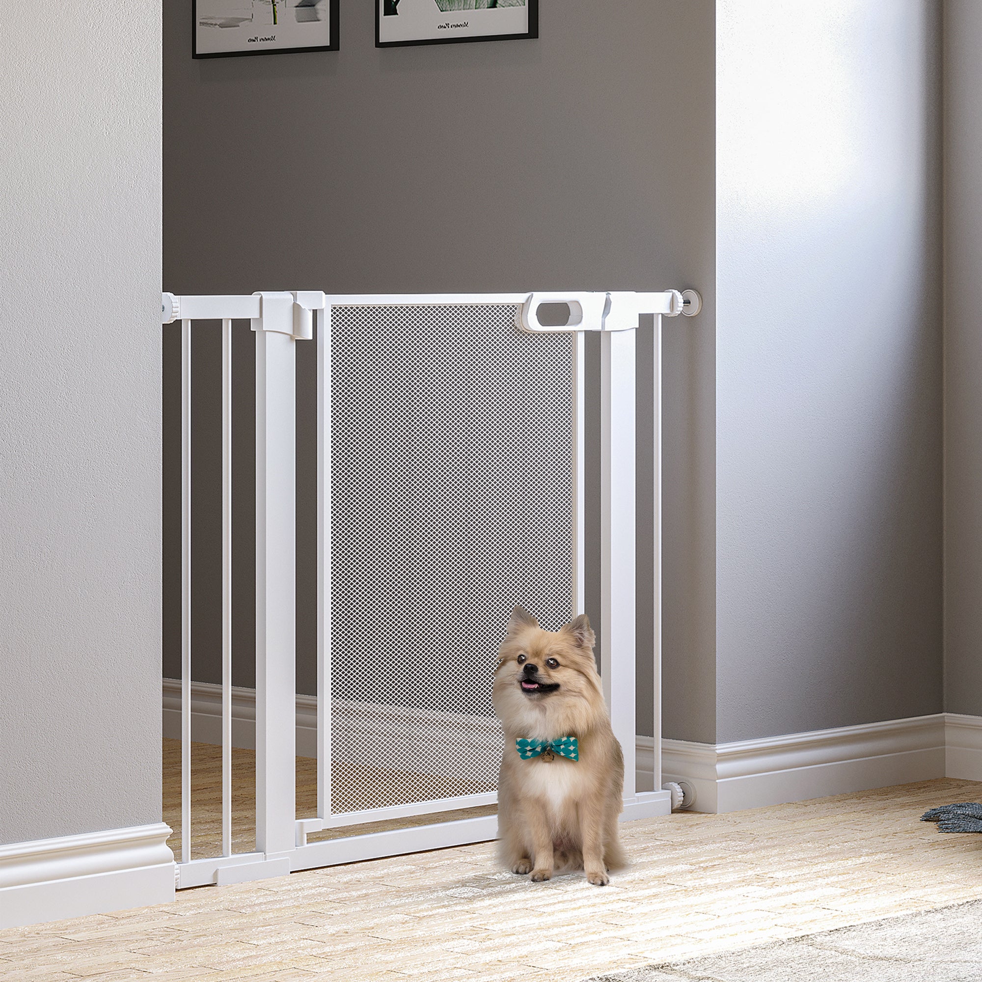 PawHut Pressure Fit Safety Gate for Doorways and Staircases, Dog Gate w/ Auto Closing Door, Pet Barrier for Hallways w/ Double Locking, Openings 75-103CM - White