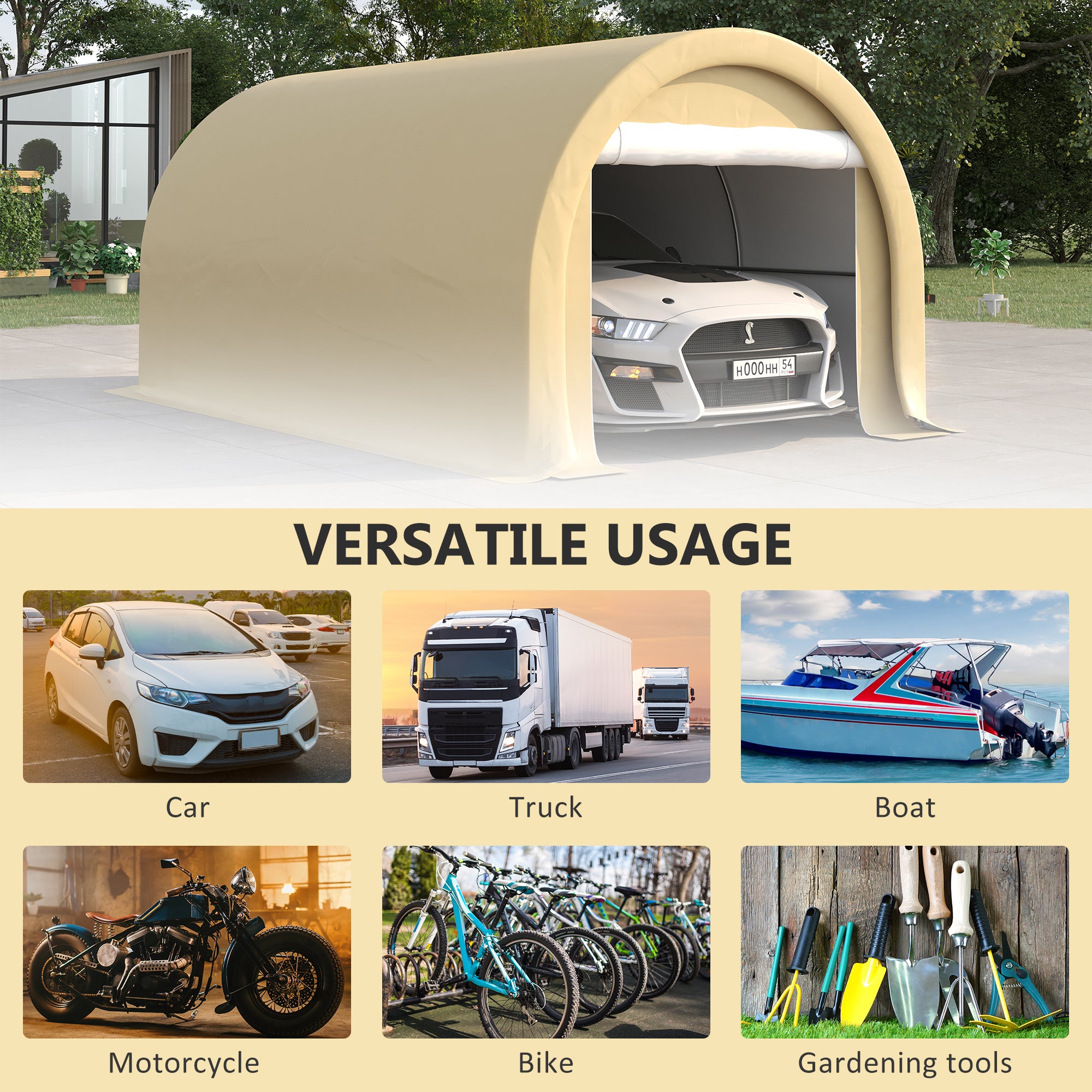 Outsunny 10' x 16' Carport, Heavy Duty Portable Garage / Storage Tent with Large Zippered Door, Anti-UV PE Canopy Cover for Car, Boat, Motorcycle, Bike, Garden Tools, Beige