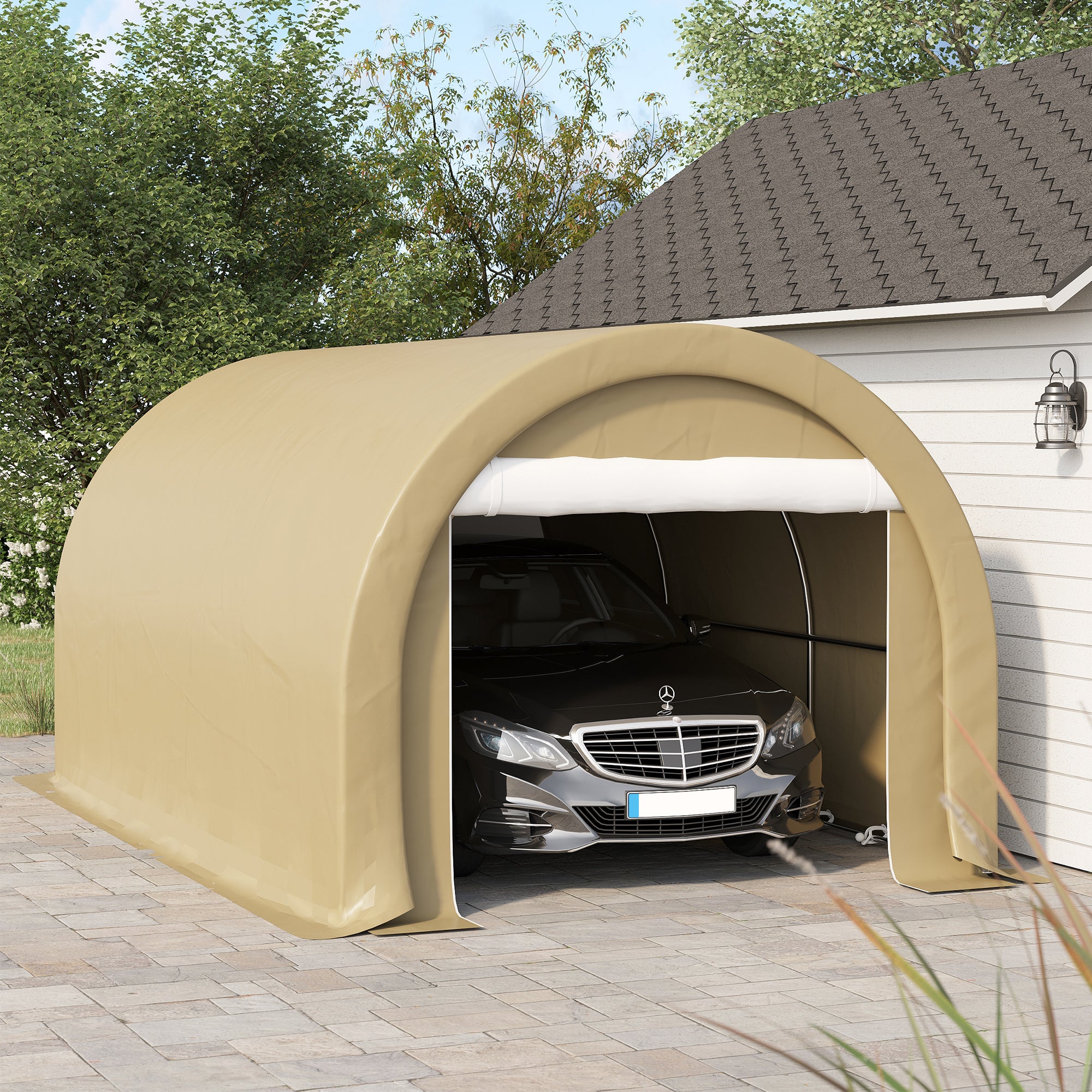 Outsunny 10' x 16' Carport, Heavy Duty Portable Garage / Storage Tent with Large Zippered Door, Anti-UV PE Canopy Cover for Car, Boat, Motorcycle, Bike, Garden Tools, Beige
