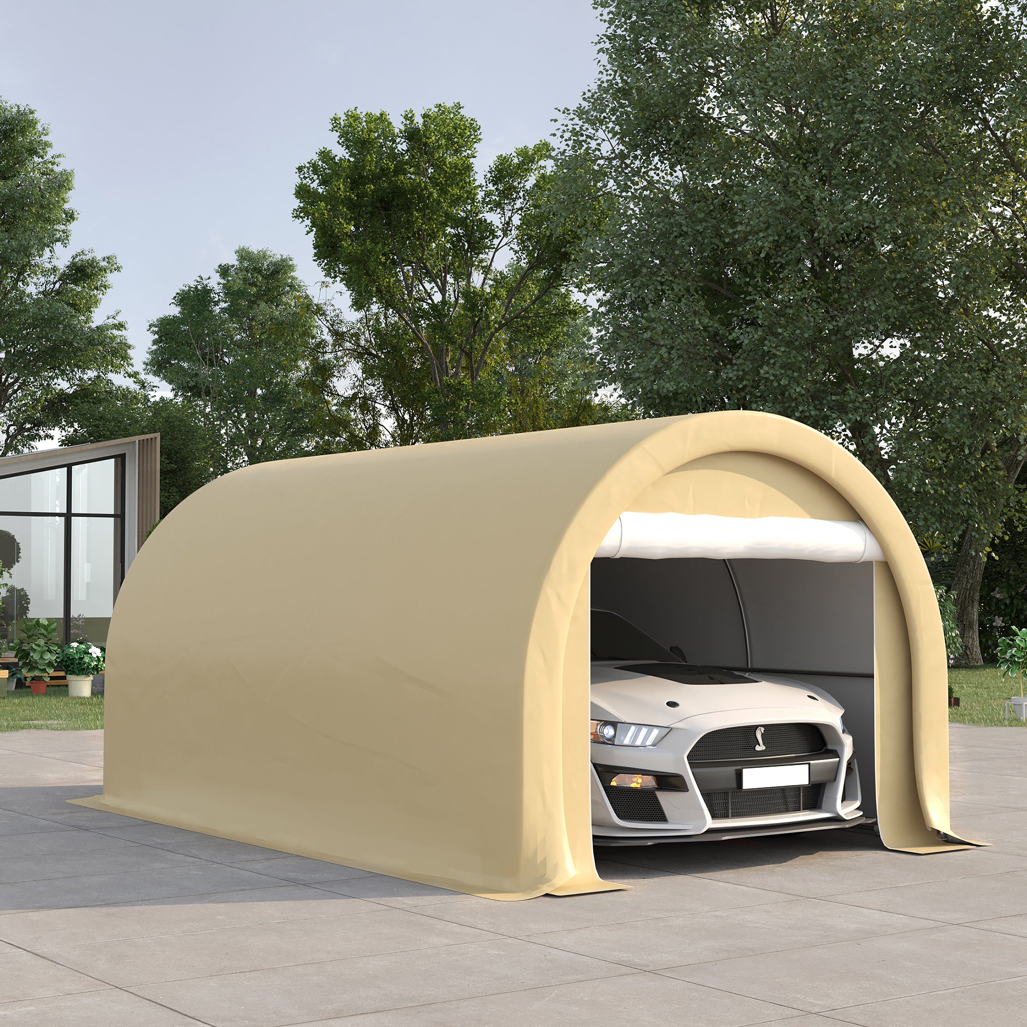 Outsunny 10' x 16' Carport, Heavy Duty Portable Garage / Storage Tent with Large Zippered Door, Anti-UV PE Canopy Cover for Car, Boat, Motorcycle, Bike, Garden Tools, Beige