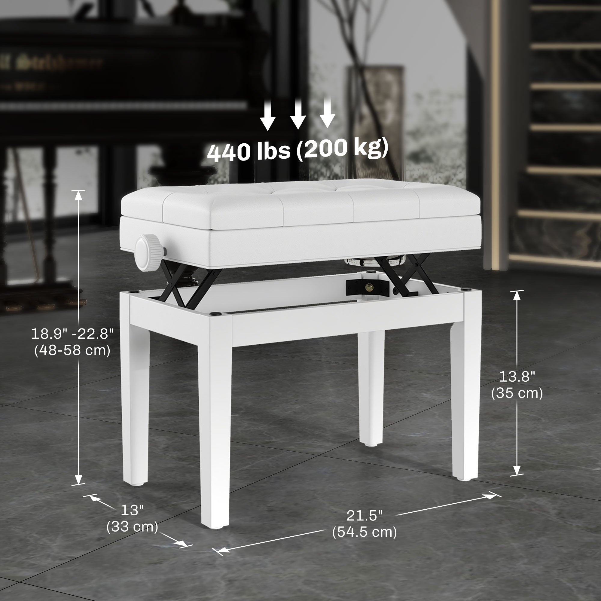 HOMCOM Height Adjustable Piano Bench with Thick and Soft PU Leather Padded, with Enough Music Storage Design, White