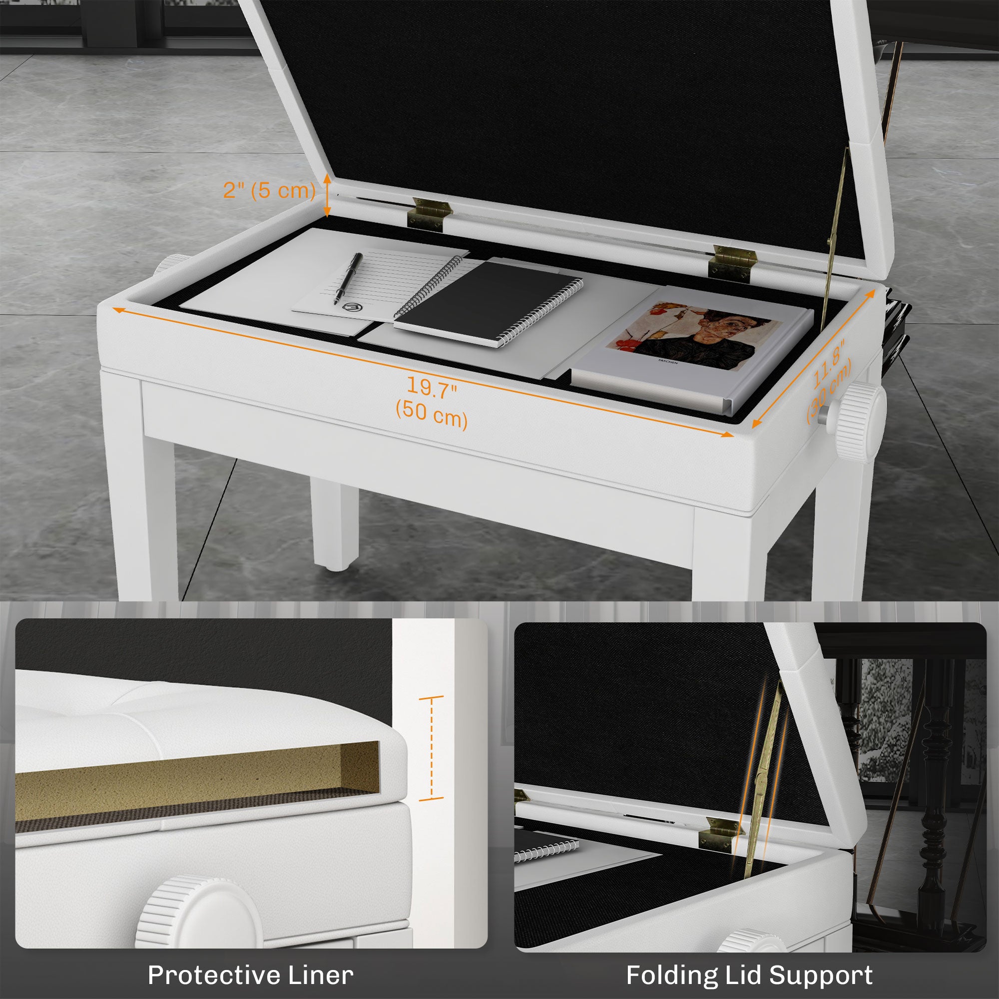 HOMCOM Height Adjustable Piano Bench with Thick and Soft PU Leather Padded, with Enough Music Storage Design, White