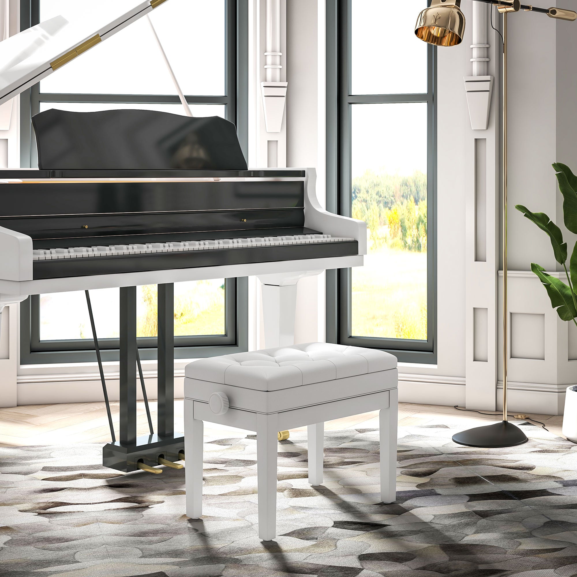 HOMCOM Height Adjustable Piano Bench with Thick and Soft PU Leather Padded, with Enough Music Storage Design, White