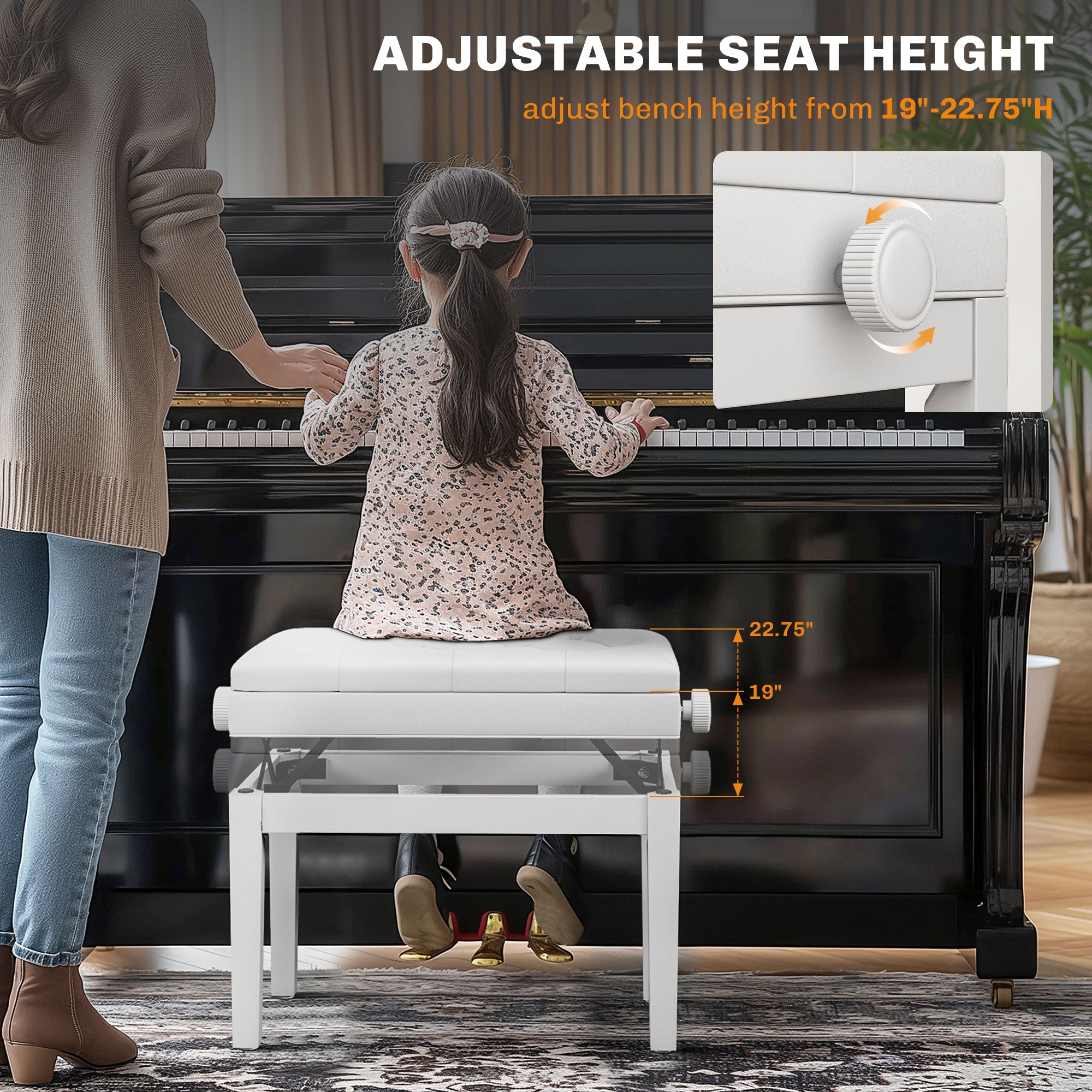 HOMCOM Height Adjustable Piano Bench with Thick and Soft PU Leather Padded, with Enough Music Storage Design, White