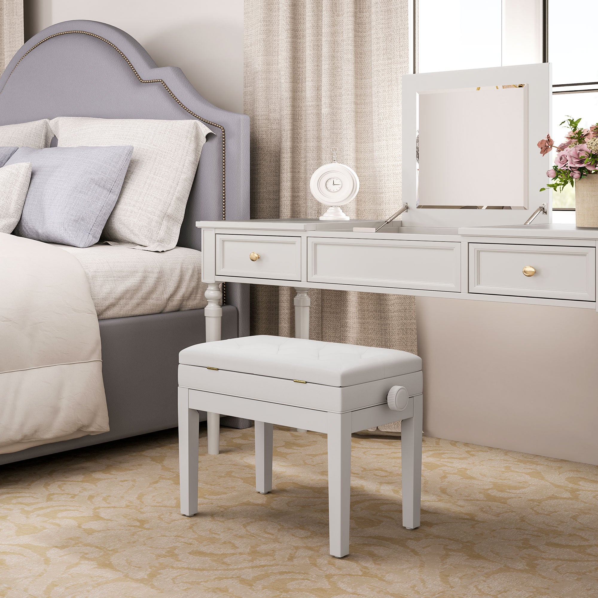 HOMCOM Height Adjustable Piano Bench with Thick and Soft PU Leather Padded, with Enough Music Storage Design, White