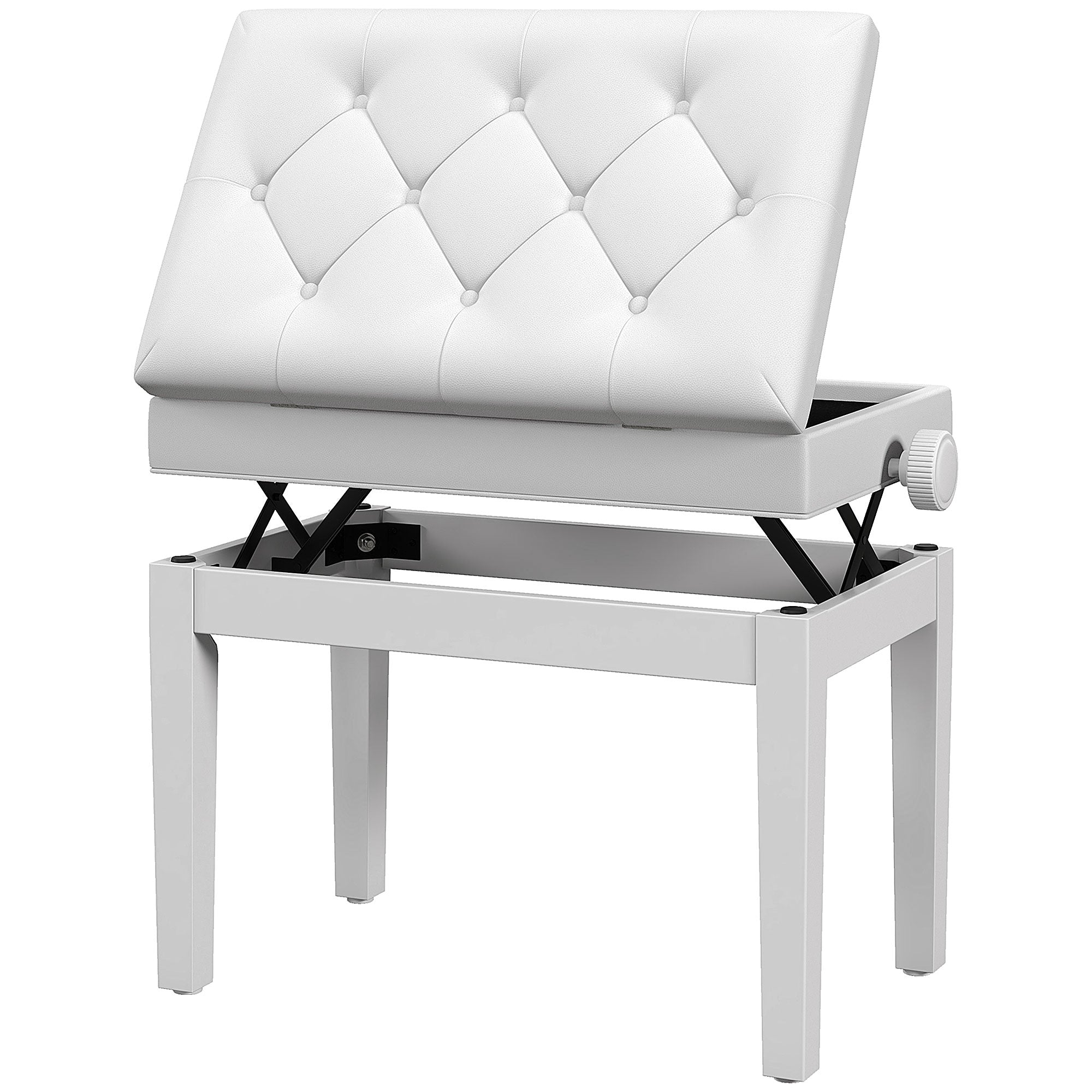 HOMCOM Height Adjustable Piano Bench with Thick and Soft PU Leather Padded, with Enough Music Storage Design, White