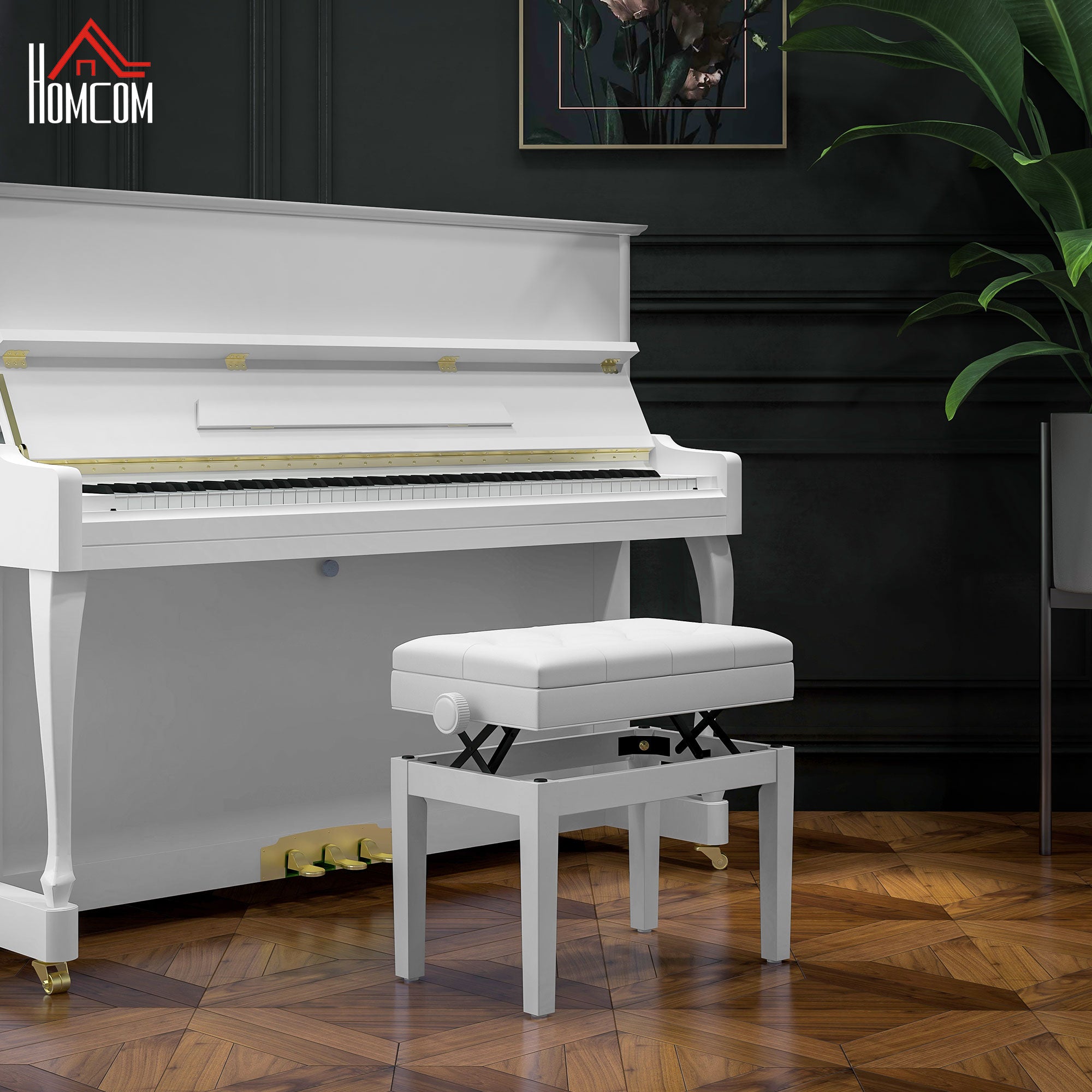 HOMCOM Height Adjustable Piano Bench with Thick and Soft PU Leather Padded, with Enough Music Storage Design, White
