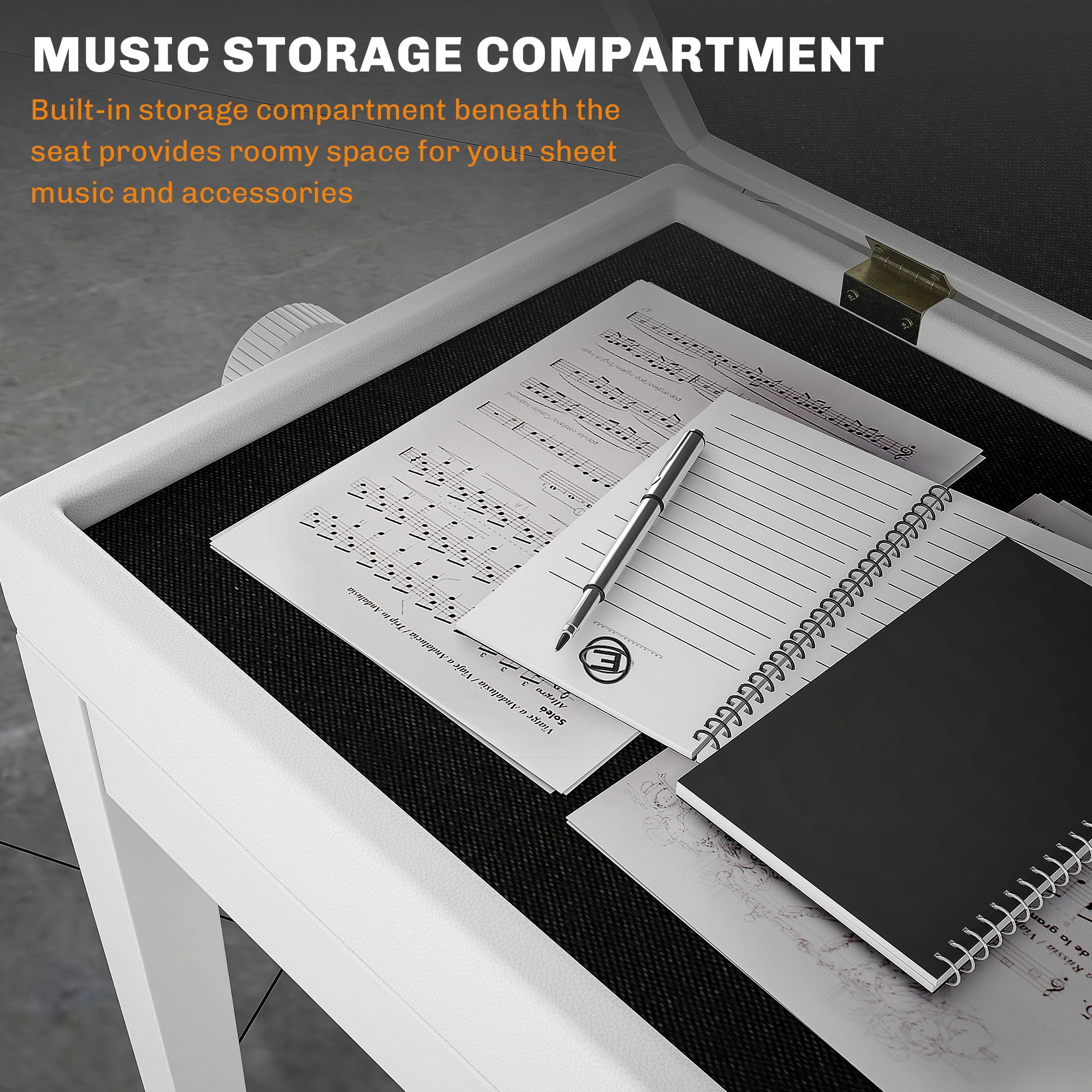 HOMCOM Height Adjustable Piano Bench with Thick and Soft PU Leather Padded, with Enough Music Storage Design, White
