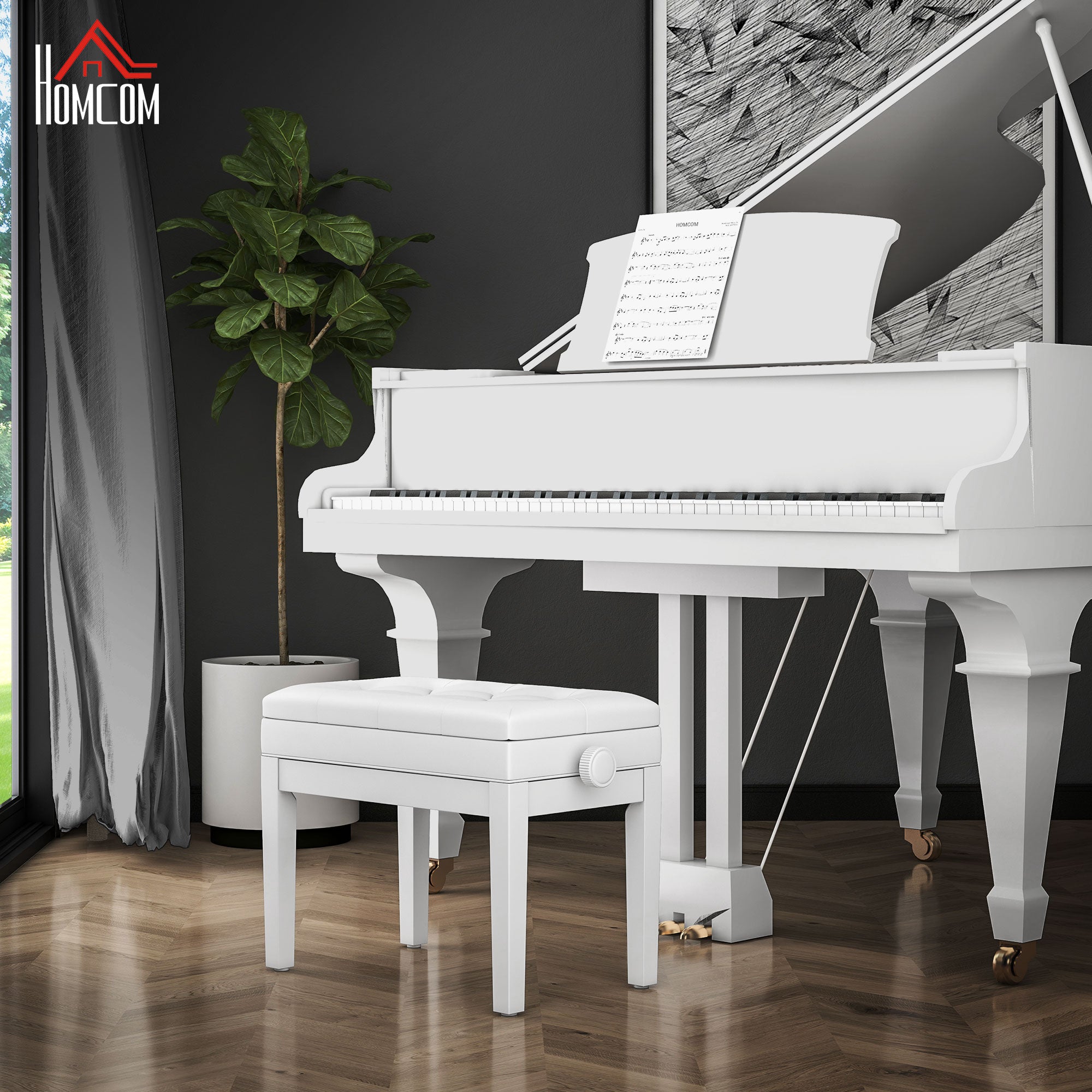 HOMCOM Height Adjustable Piano Bench with Thick and Soft PU Leather Padded, with Enough Music Storage Design, White