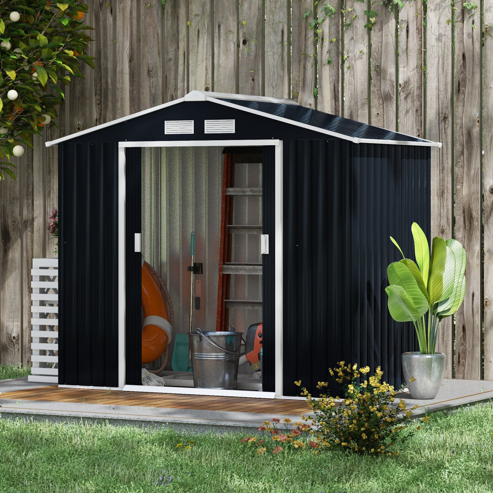 Outsunny 7' x 4' x 6' Garden Storage Shed Outdoor Patio Yard Metal Tool Storage House w/ Steel Foundation Kit and Double Doors, Dark Grey