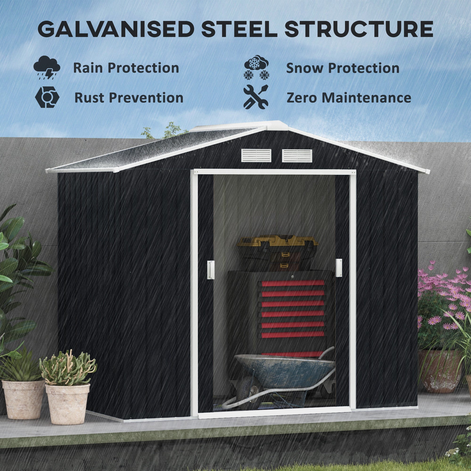 Outsunny 7' x 4' x 6' Garden Storage Shed Outdoor Patio Yard Metal Tool Storage House w/ Steel Foundation Kit and Double Doors, Dark Grey