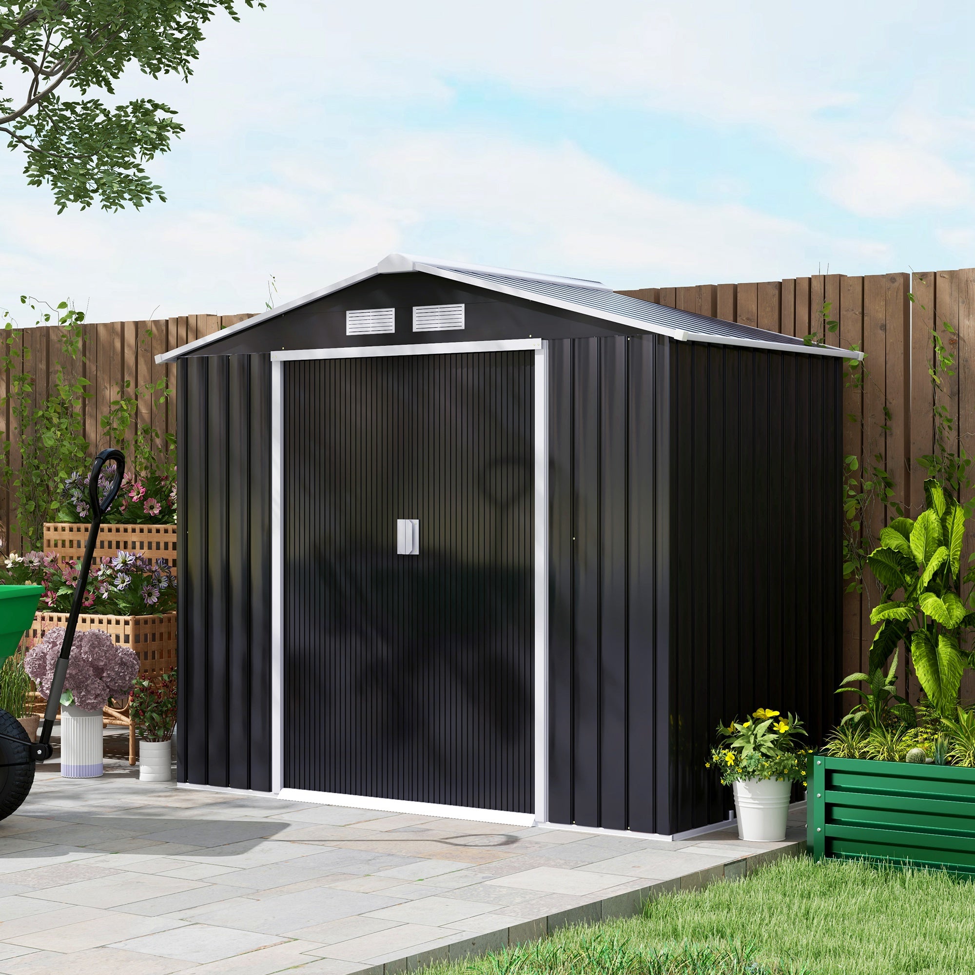 Outsunny 7' x 4' x 6' Garden Storage Shed Outdoor Patio Yard Metal Tool Storage House w/ Steel Foundation Kit and Double Doors, Dark Grey