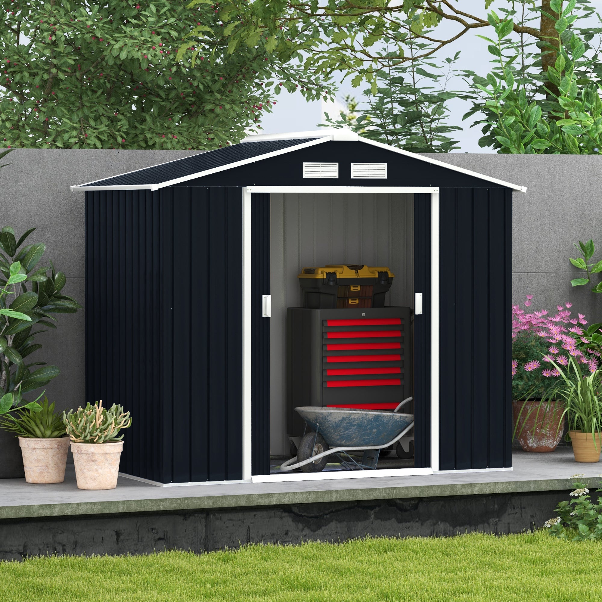Outsunny 7' x 4' x 6' Garden Storage Shed Outdoor Patio Yard Metal Tool Storage House w/ Steel Foundation Kit and Double Doors, Dark Grey