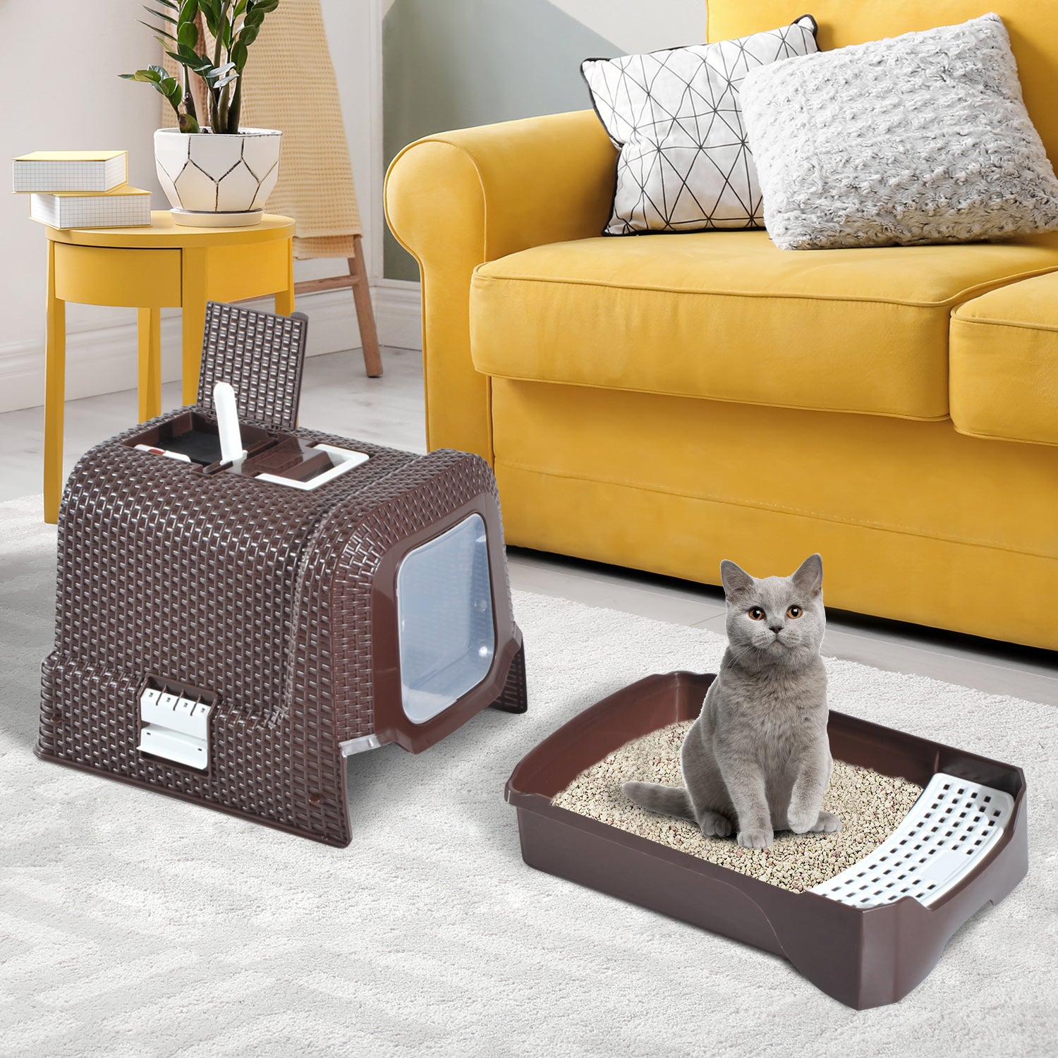 PawHut Cat Litter Tray Kitten Enclosed Box with Hood Scoop Storage Handle Litter Bag Mat, Coffee, 54 x 42 x 41 cm