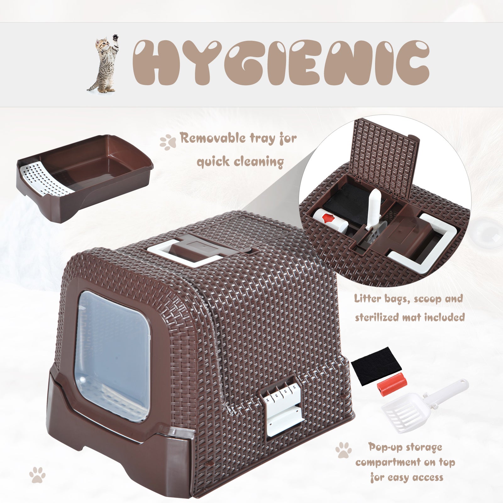 PawHut Cat Litter Tray Kitten Enclosed Box with Hood Scoop Storage Handle Litter Bag Mat, Coffee, 54 x 42 x 41 cm