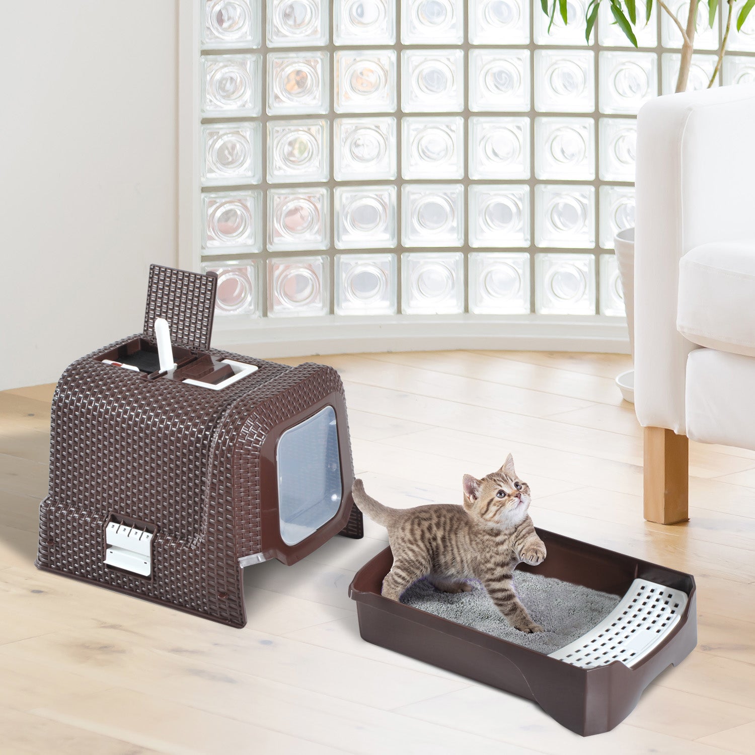 PawHut D31-002 Deluxe Cat Litter Pan, Coffee