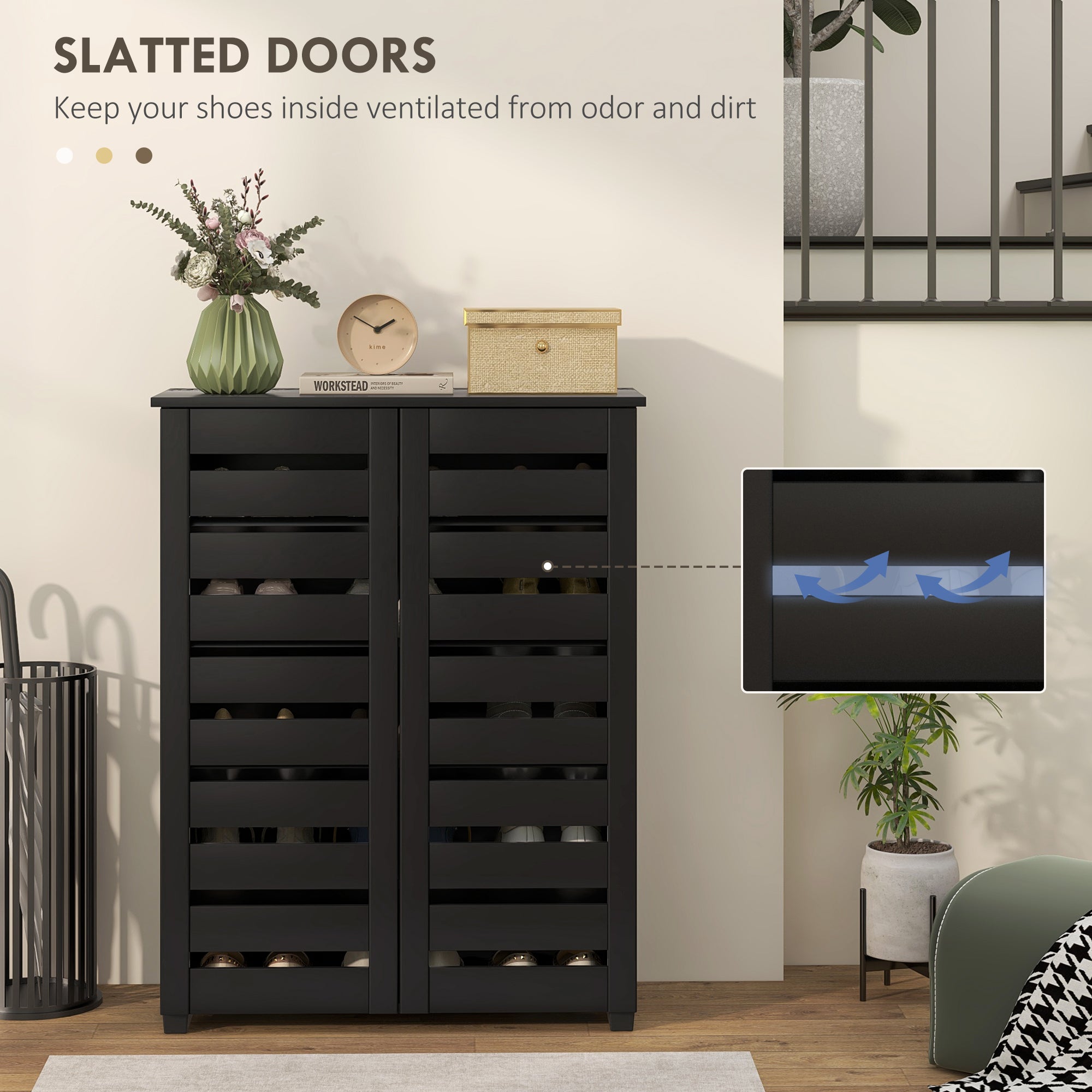 HOMCOM Narrow Shoe Cabinet with 2 Slatted Doors, Modern Shoe Storage Cabinet with Adjustable Shelves for 15 Pairs of Shoes, Slim Shoe Cabinet for Entryway, Hallway, Black